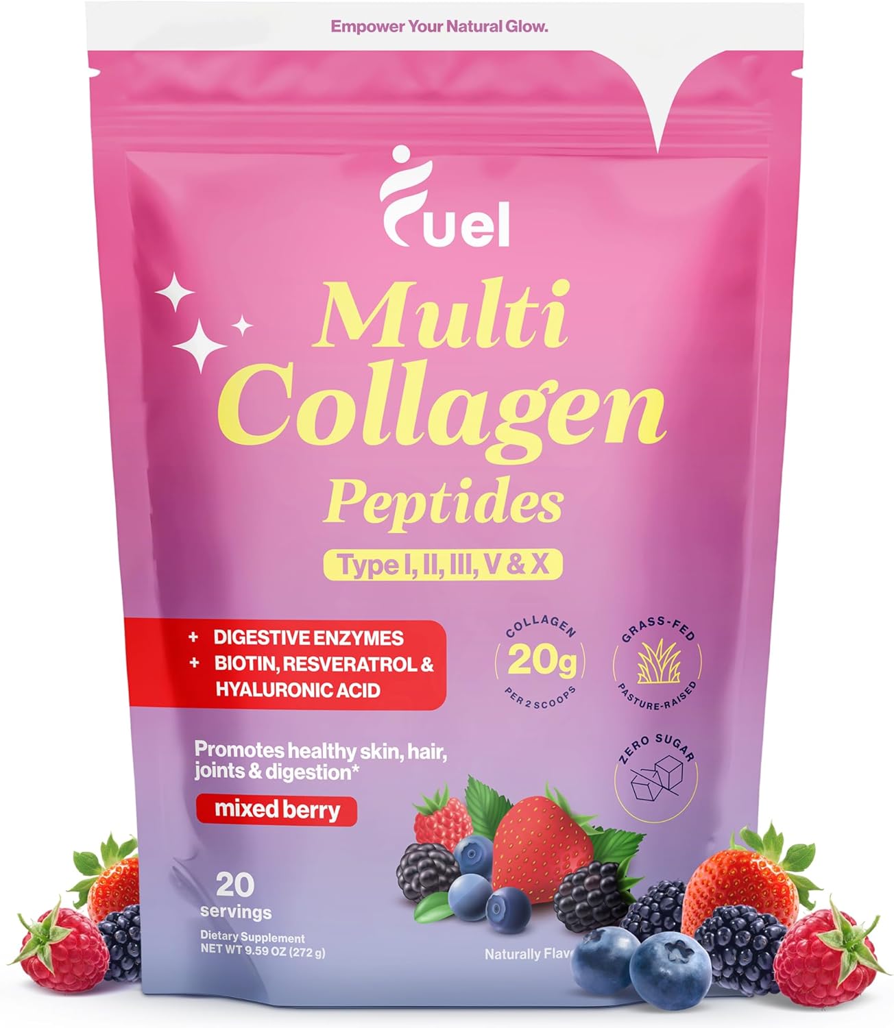 Mixed Berry Collagen Powder for Women with Multi Collagen Peptides i, ii, iii, v, x & Biotin - Hydrolyzed Collagen with Hyaluronic Acid for Skin, Hair, and Nails