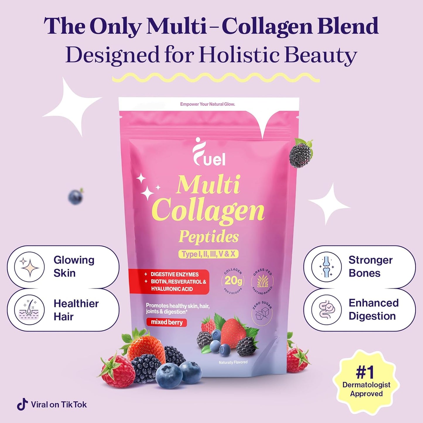 Mixed Berry Collagen Powder for Women with Multi Collagen Peptides i, ii, iii, v, x & Biotin - Hydrolyzed Collagen with Hyaluronic Acid for Skin, Hair, and Nails