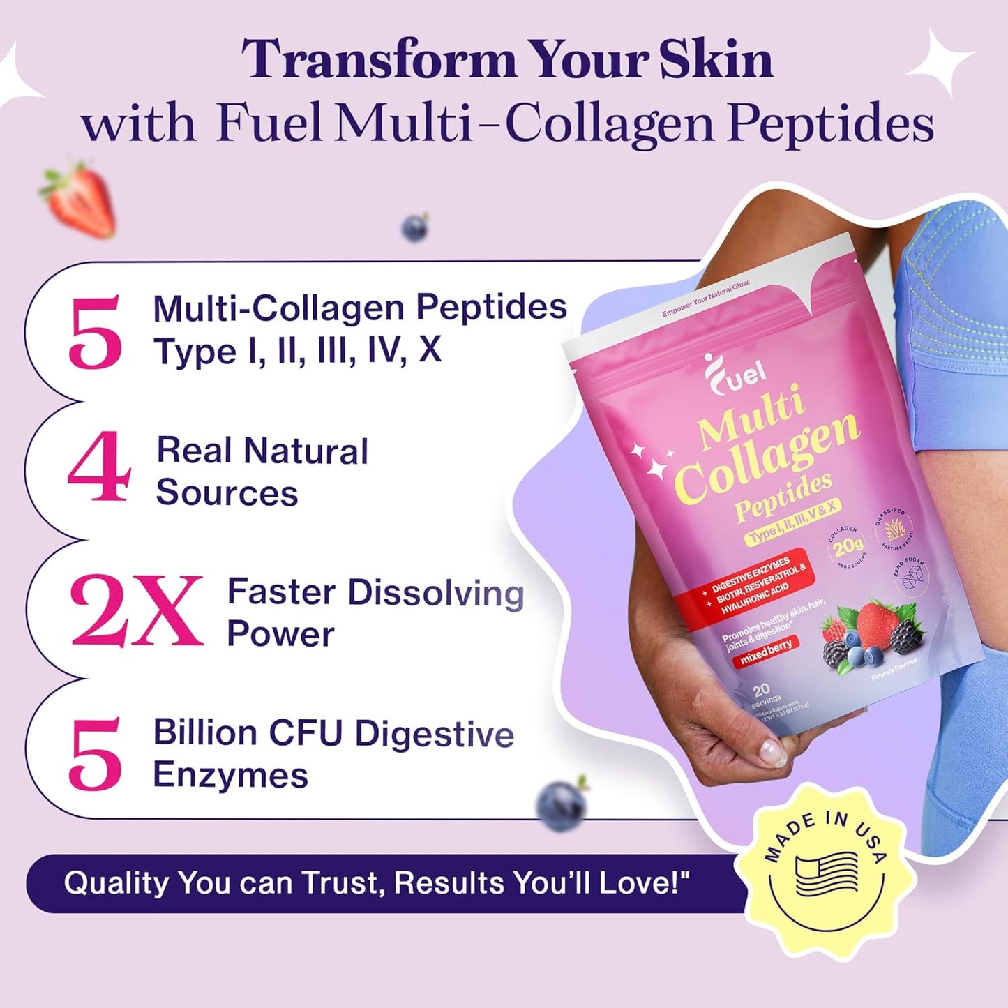 Mixed Berry Collagen Powder for Women with Multi Collagen Peptides i, ii, iii, v, x & Biotin - Hydrolyzed Collagen with Hyaluronic Acid for Skin, Hair, and Nails