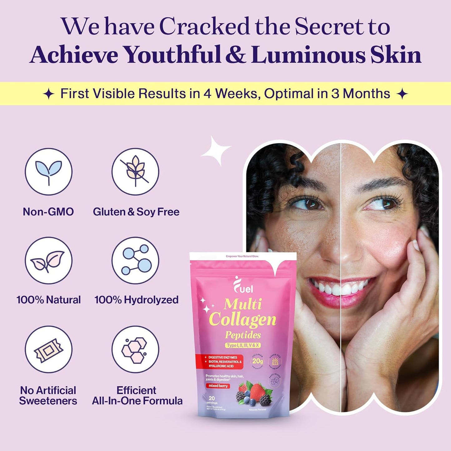 Mixed Berry Collagen Powder for Women with Multi Collagen Peptides i, ii, iii, v, x & Biotin - Hydrolyzed Collagen with Hyaluronic Acid for Skin, Hair, and Nails