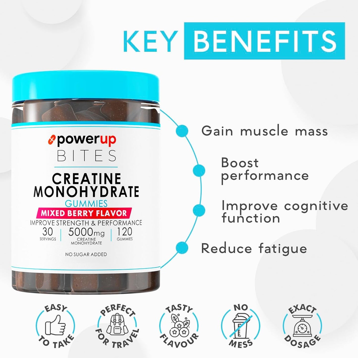 Mixed Berry Creatine Gummies for Strength, Energy, and Muscle Gain - 120 Count Vegan & Sugar-Free Bites for Men & Women, 5g per Serving