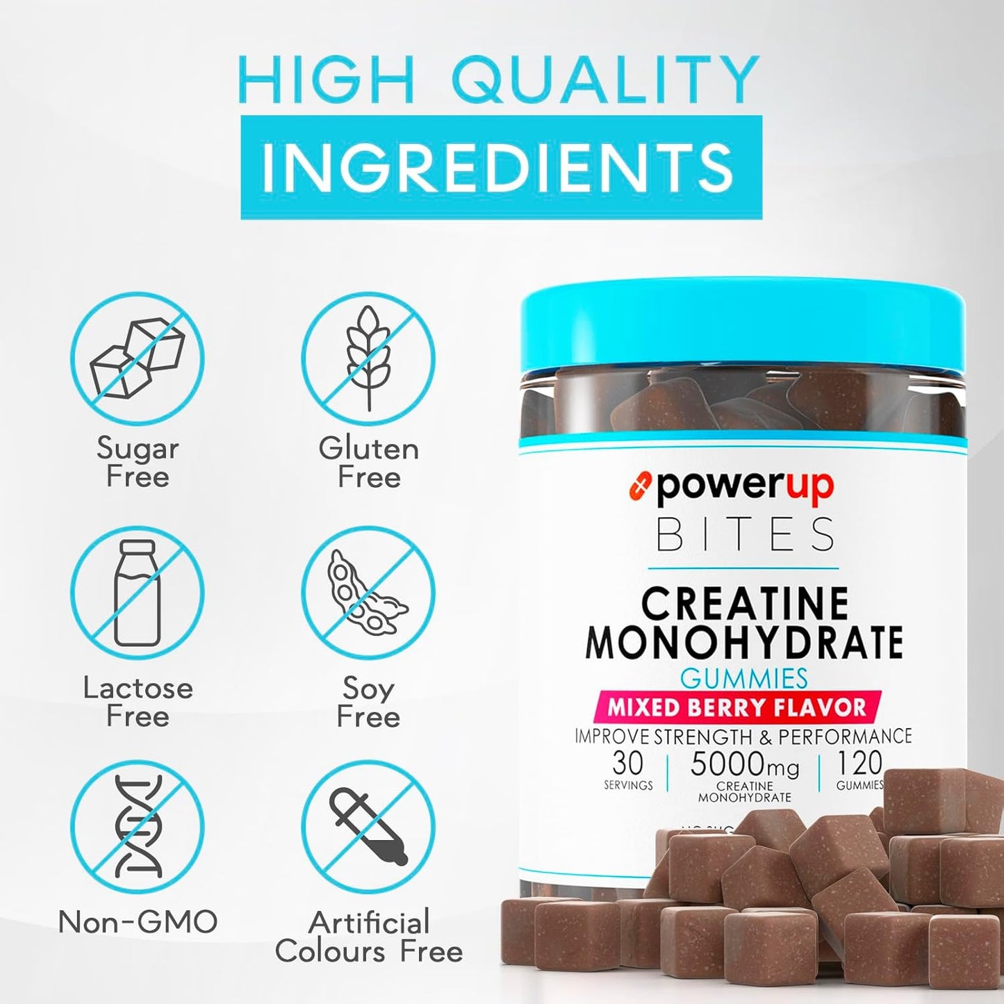 Mixed Berry Creatine Gummies for Strength, Energy, and Muscle Gain - 120 Count Vegan & Sugar-Free Bites for Men & Women, 5g per Serving