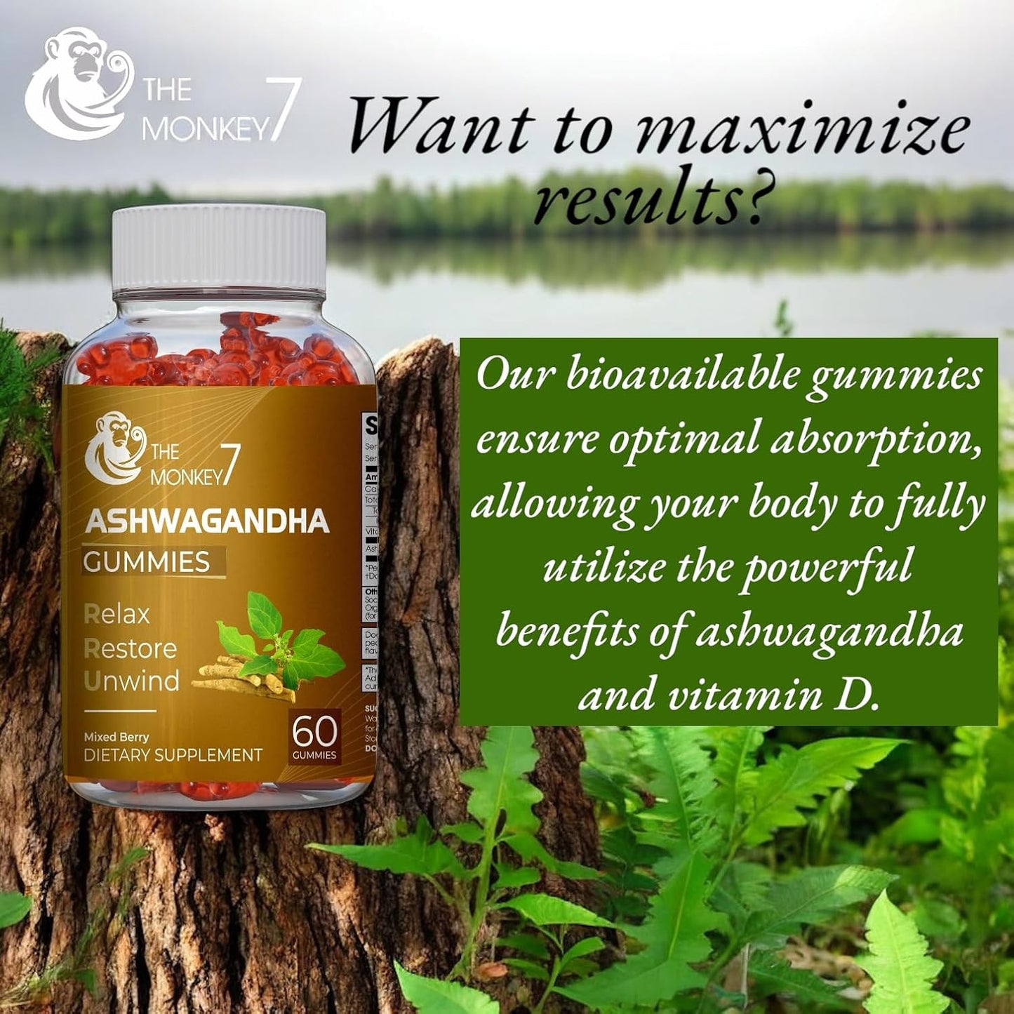 Mixed Berry Flavor Ashwagandha Gummies with Vitamin D - 2 Pack (120 Gummies) Vegan, Non-GMO, Gluten-Free for Immune Support