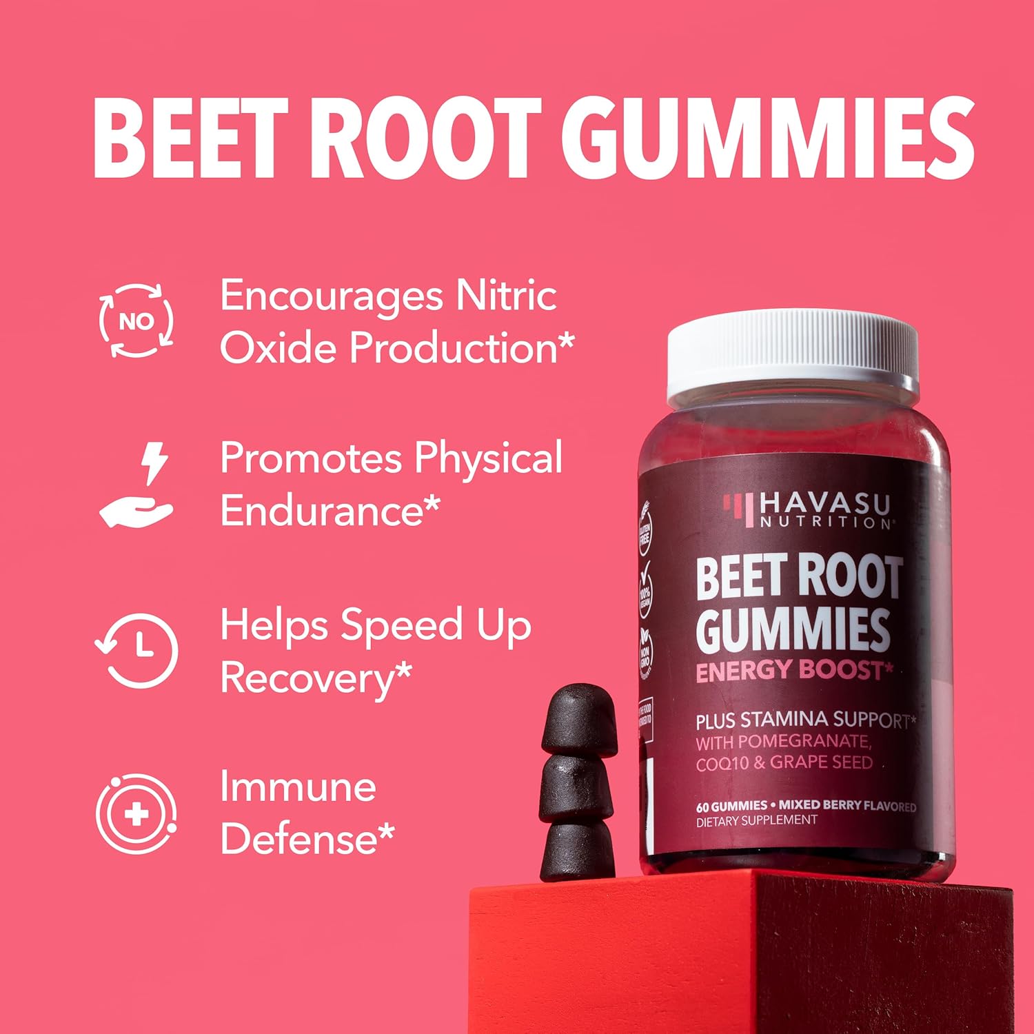 Mixed Berry Flavored Beet Root Gummies with COQ10 & Pomegranate - Nitric Oxide Booster for Endurance, Performance, Recovery - Vegan, Non-GMO, Gluten Free - 30 Count, 15-Day Supply for Men and Women
