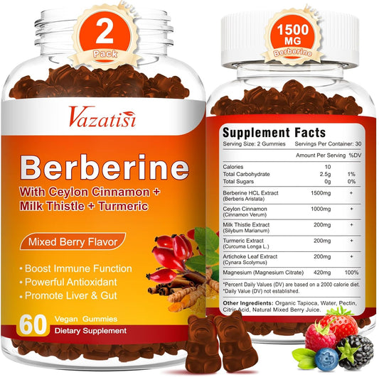 Mixed Berry Flavored Berberine Gummies with Ceylon Cinnamons and Milk Thistle - 120 Count for Adults and Kids