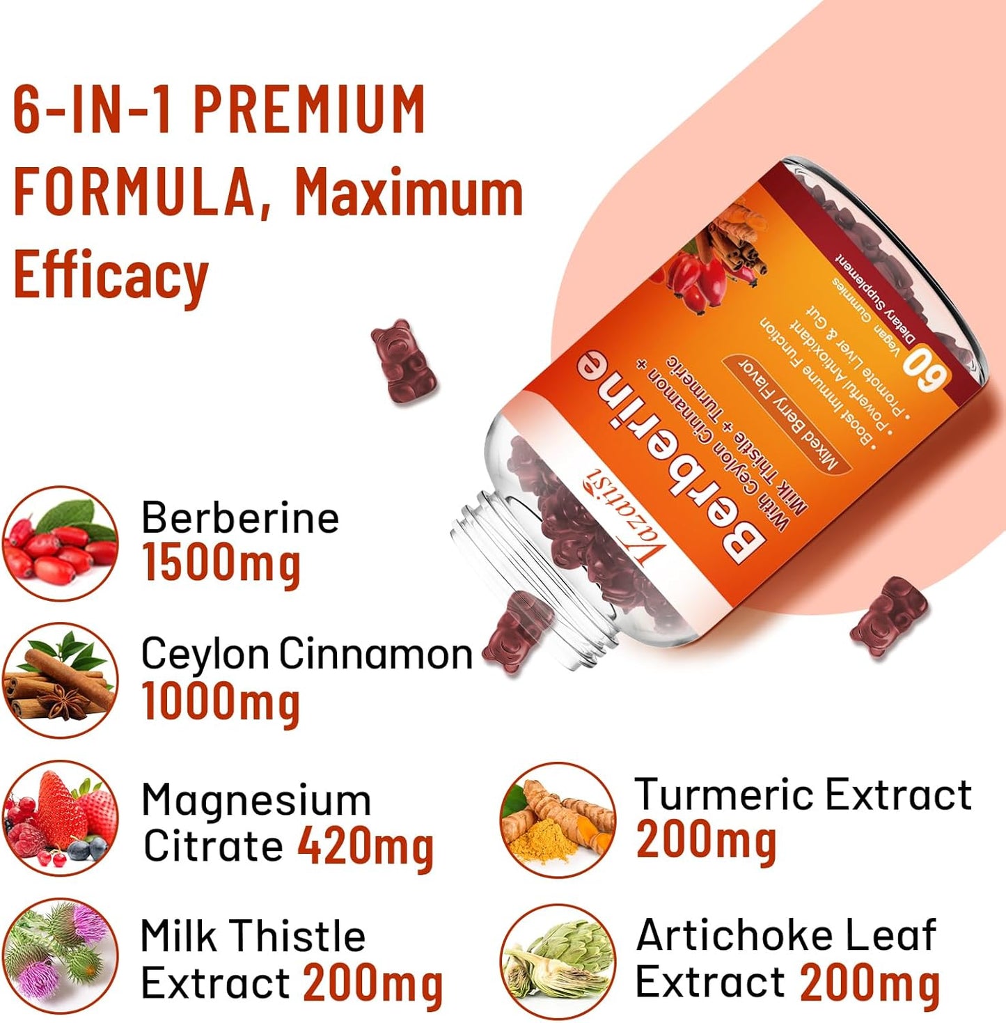 Mixed Berry Flavored Berberine Gummies with Ceylon Cinnamons and Milk Thistle - 120 Count for Adults and Kids