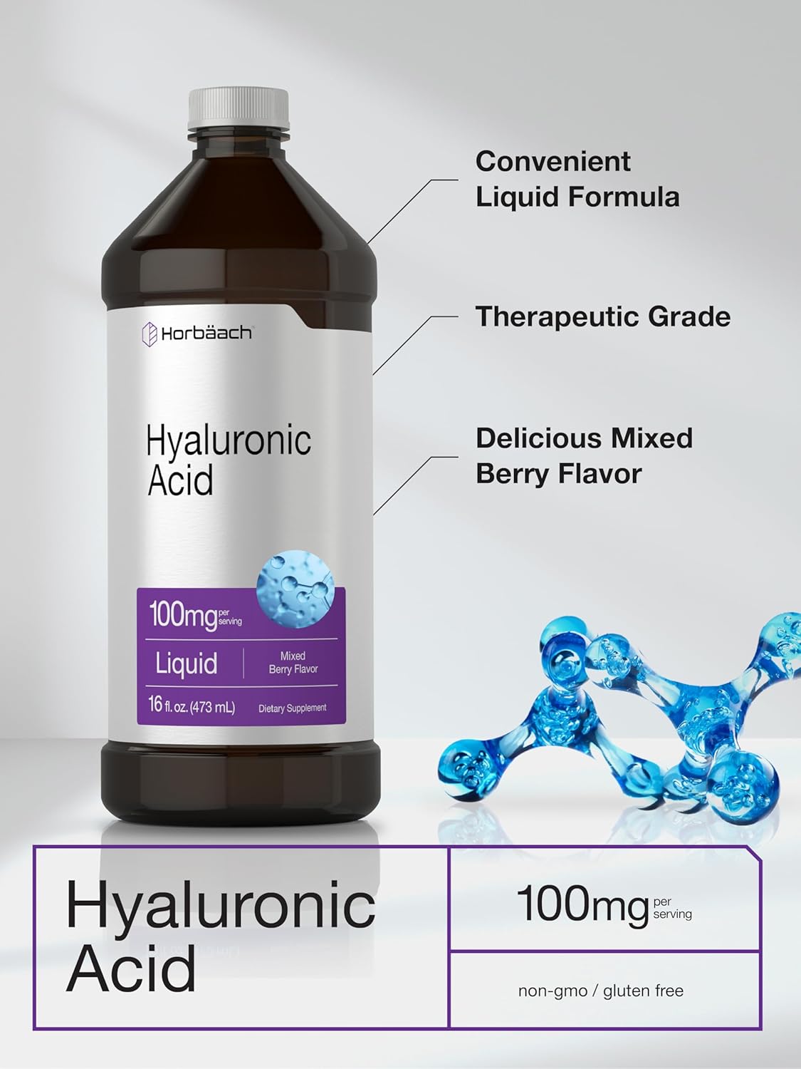 Mixed Berry Flavored Liquid Hyaluronic Acid Supplement - 100mg - 16oz - Non-GMO & Gluten-Free