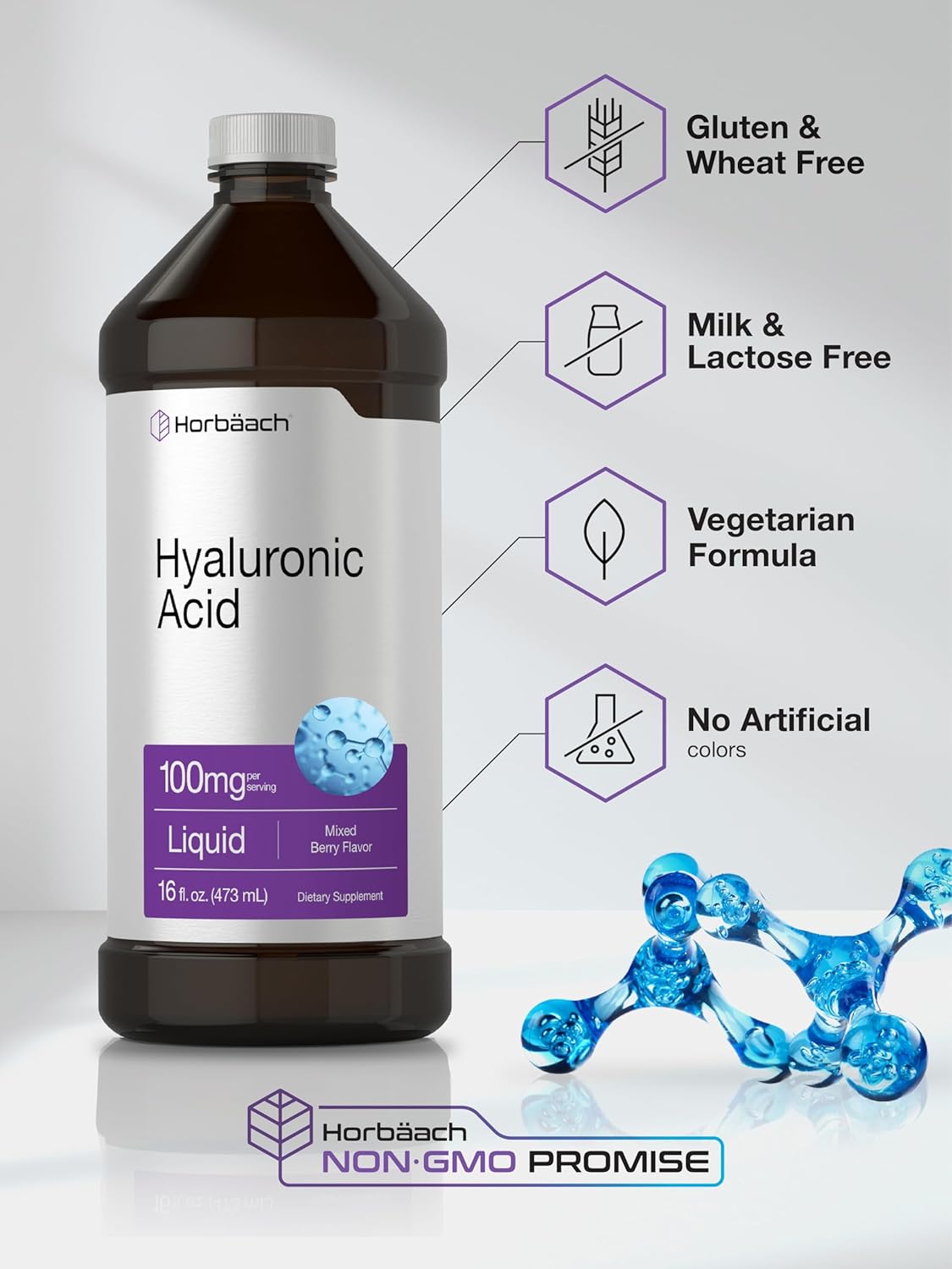 Mixed Berry Flavored Liquid Hyaluronic Acid Supplement - 100mg - 16oz - Non-GMO & Gluten-Free