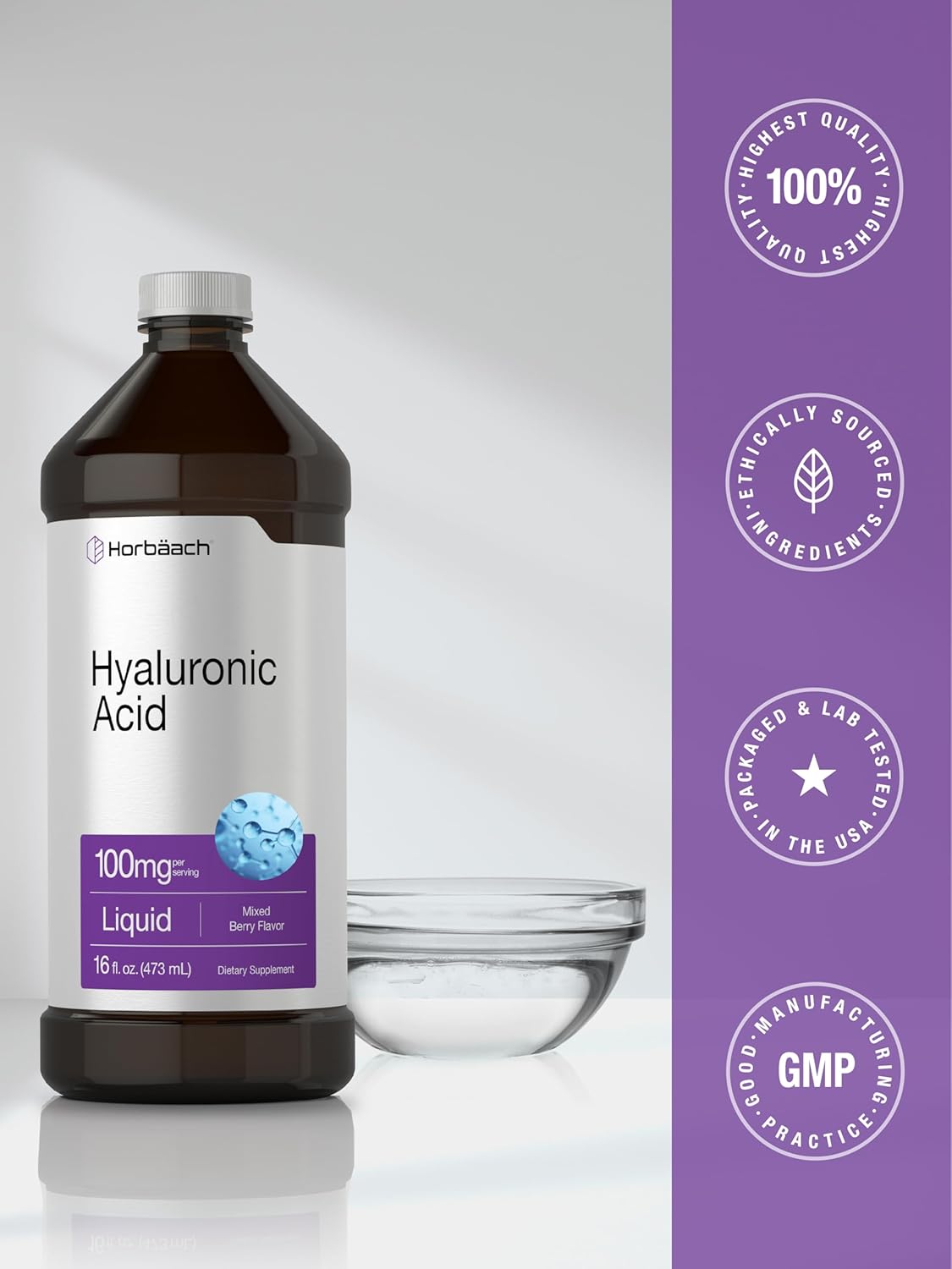 Mixed Berry Flavored Liquid Hyaluronic Acid Supplement - 100mg - 16oz - Non-GMO & Gluten-Free