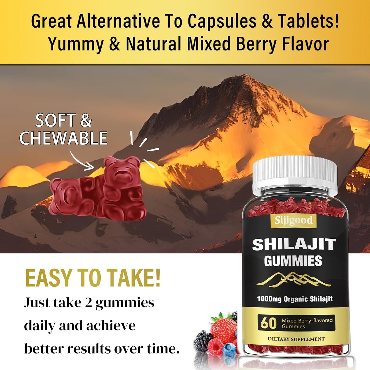 Mixed Berry Flavored Sijigood Shilajit Gummies - Supplement with 85+ Trace Minerals for Men & Women - 60 Gummies