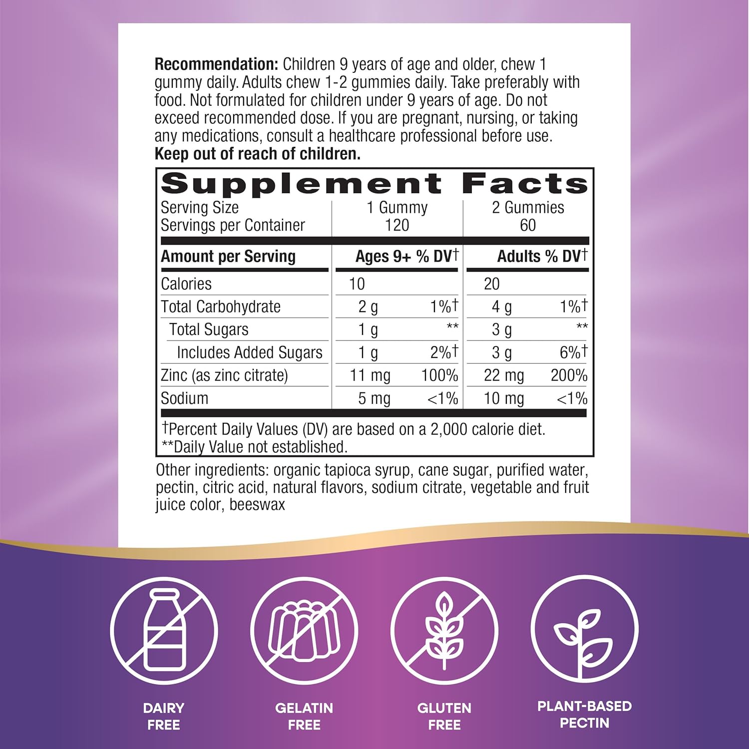 Mixed Berry Flavored Zinc Gummies for Daily Immune Support - 100% Daily Value Zinc, 120 Gummies