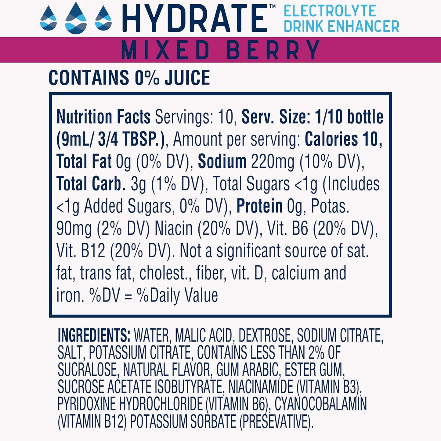 Mixed Berry Hydrate Electrolyte Liquid Drops with Essential Vitamins B3, B6, B12 - Low Sugar, Low Calorie Drink Enhancer (2 Pack)