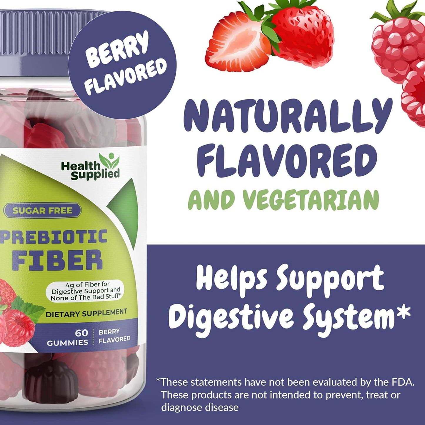 Mixed Berry Prebiotic Fiber Gummies for Digestive Support, Weight Loss, and Gut Cleansing - Easy to Swallow and Delicious