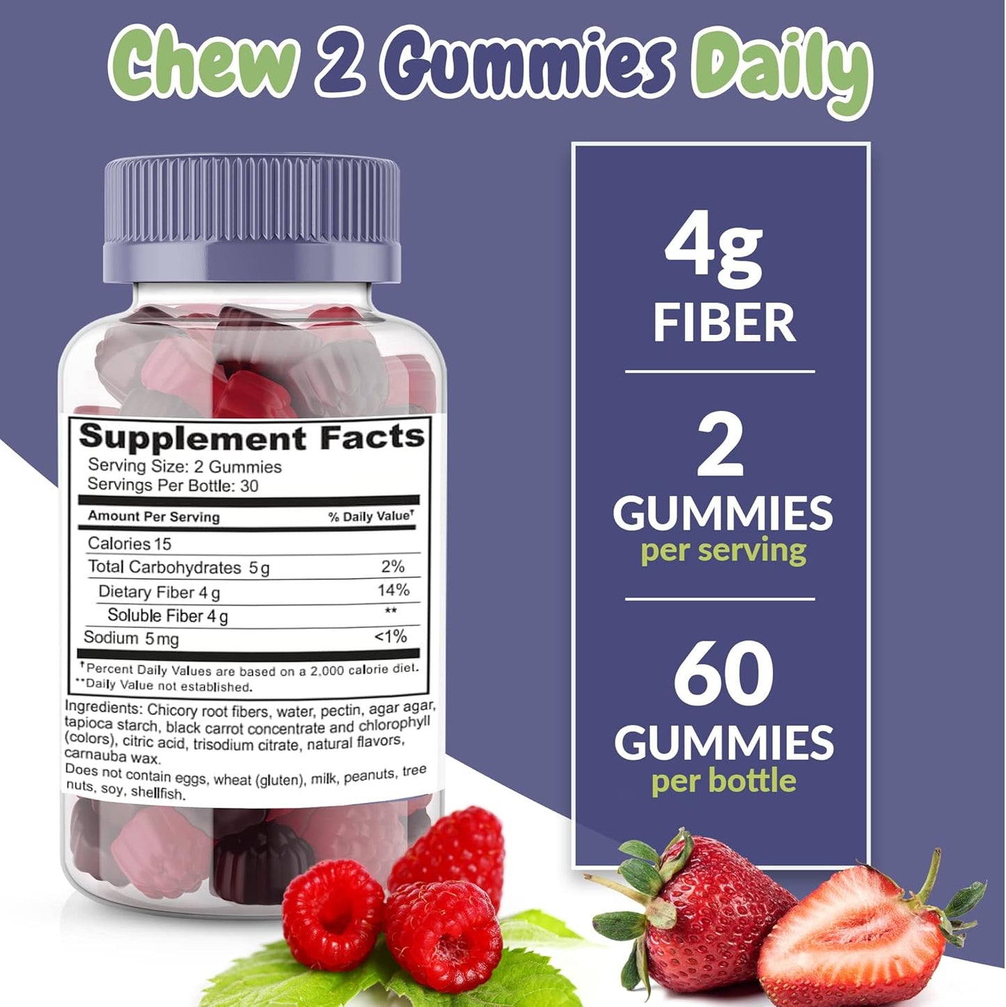 Mixed Berry Prebiotic Fiber Gummies for Digestive Support, Weight Loss, and Gut Cleansing - Easy to Swallow and Delicious
