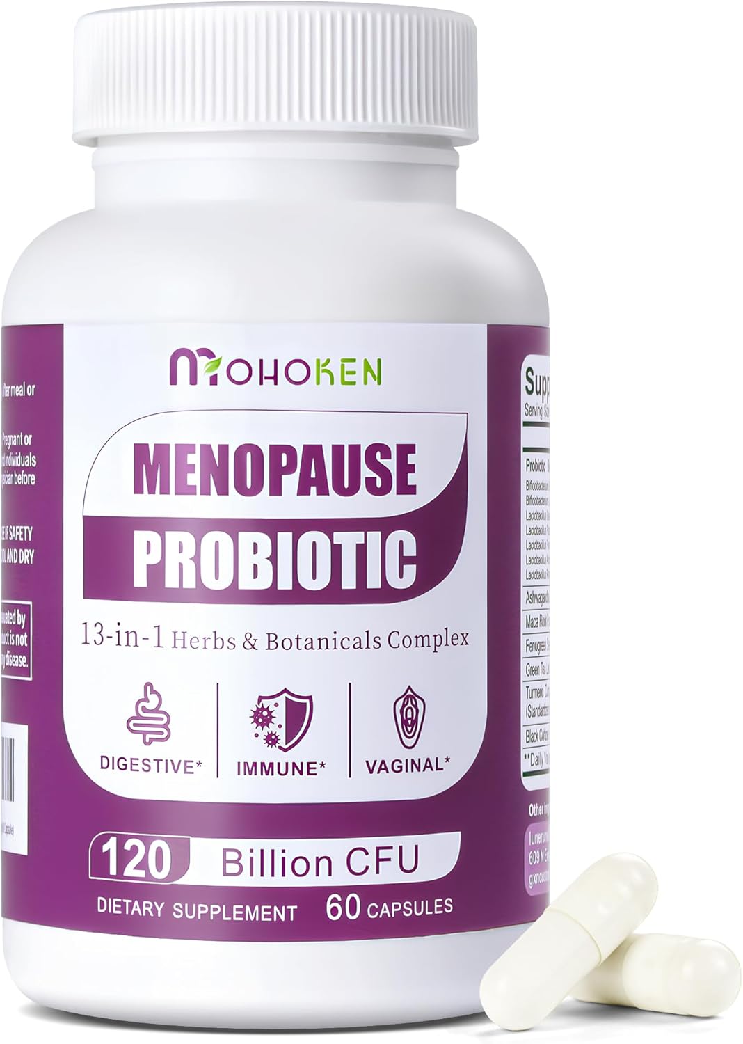 MOHOKEN Menopause Relief Supplements for Women - 120 Billion CFU Probiotic + 13 Herbs Complex - Hormone Balance, Hot Flashes, Mood Swings, Night Sweats - 60 Capsules
