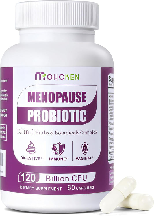 MOHOKEN Menopause Relief Supplements for Women - 120 Billion CFU Probiotic + 13 Herbs Complex - Hormone Balance, Hot Flashes, Mood Swings, Night Sweats - 60 Capsules