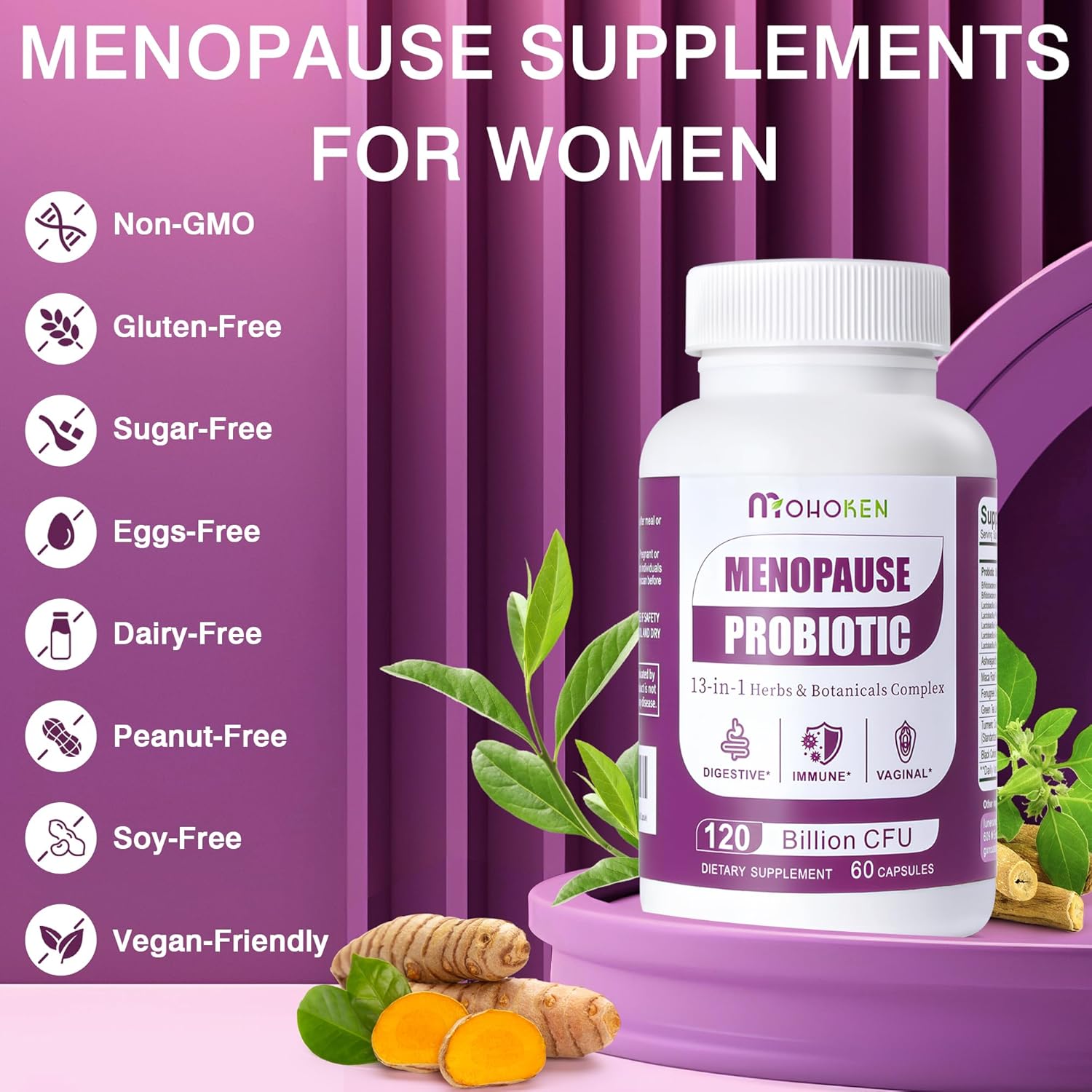 MOHOKEN Menopause Relief Supplements for Women - 120 Billion CFU Probiotic + 13 Herbs Complex - Hormone Balance, Hot Flashes, Mood Swings, Night Sweats - 60 Capsules