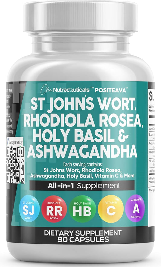 Mood Support Supplement with St Johns Wort, Rhodiola Rosea, Holy Basil, and Ashwagandha - 90 Capsules with Vitamin C & Black Pepper Extract