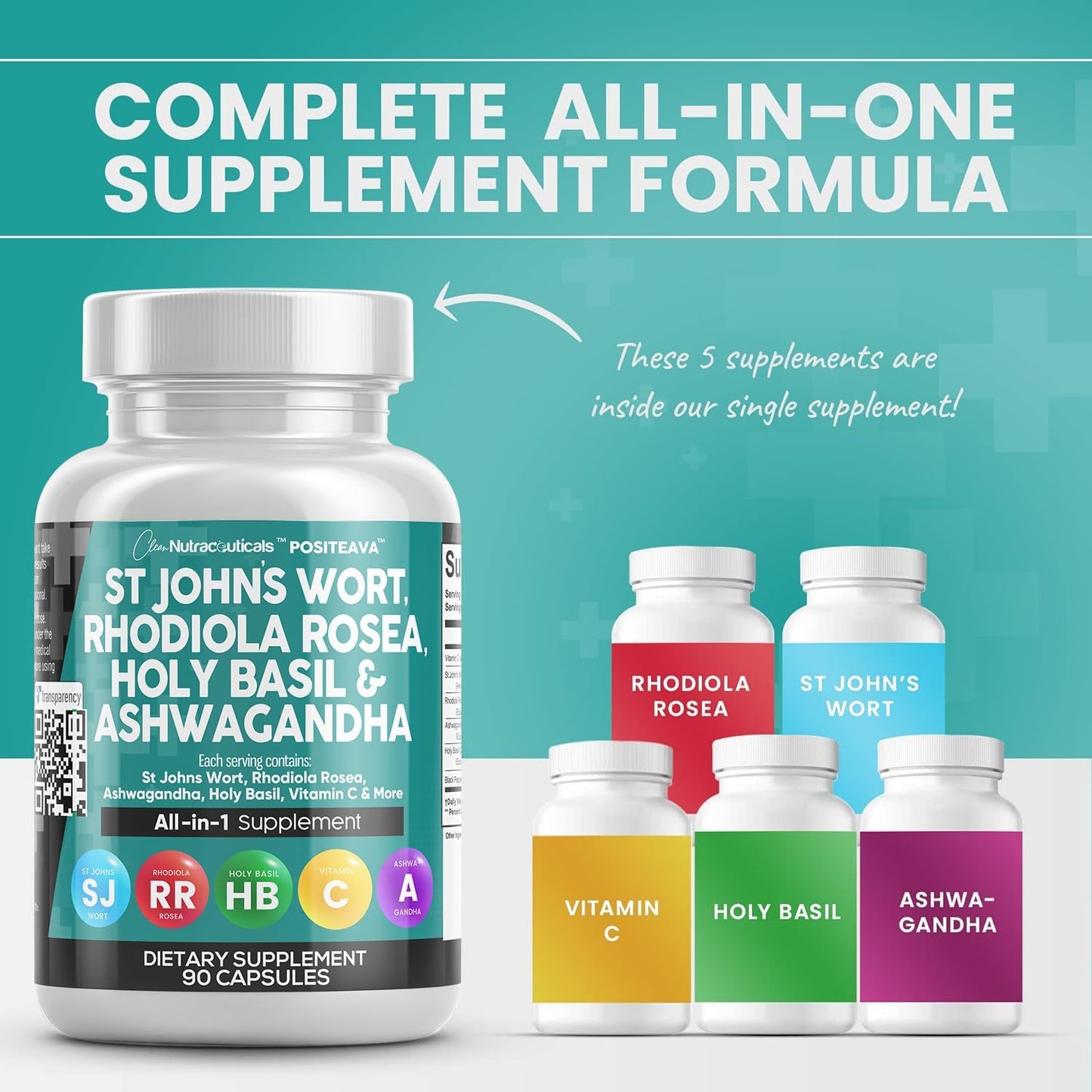 Mood Support Supplement with St Johns Wort, Rhodiola Rosea, Holy Basil, and Ashwagandha - 90 Capsules with Vitamin C & Black Pepper Extract