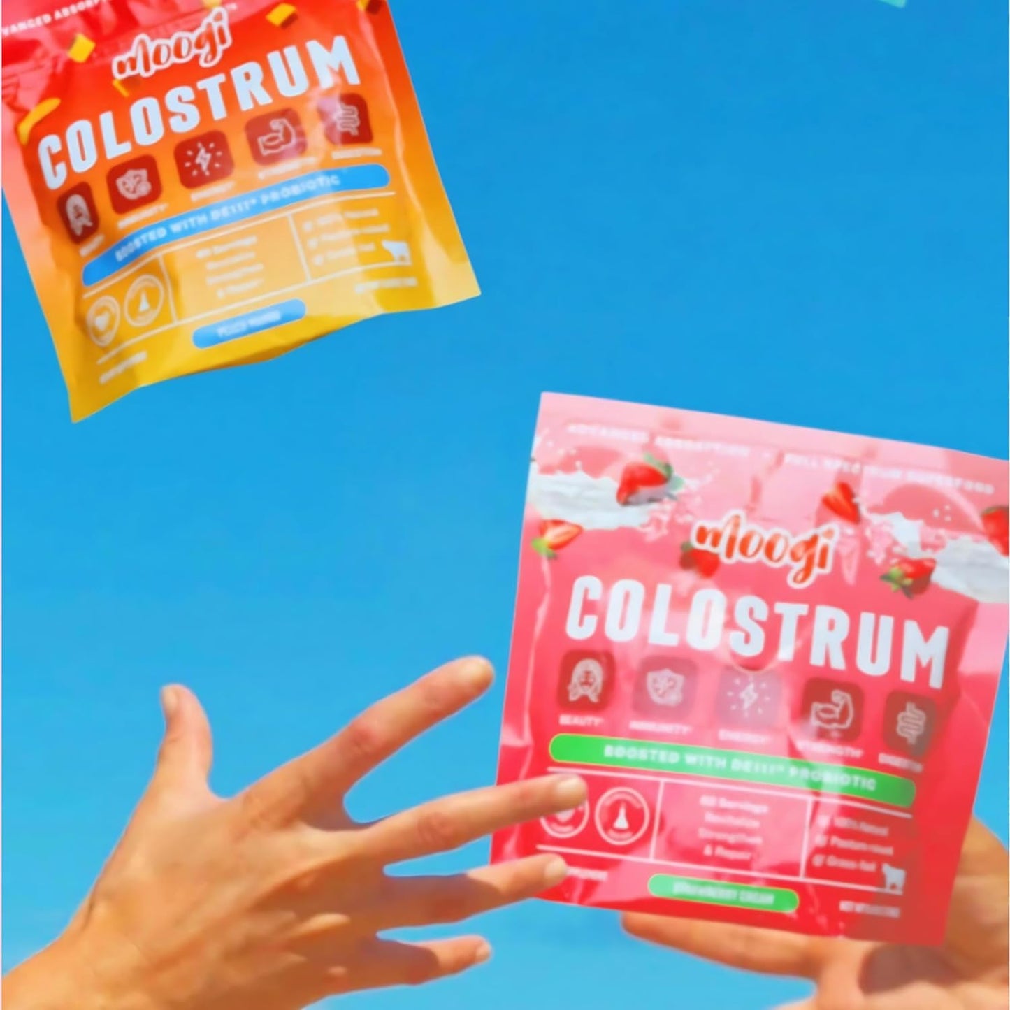 Moogi Colostrum Premium Powder for Skin, Hair, Nails, and Immune Support - 400+ Bioactive Nutrients - Gluten & Fat Free - Strawberry Cream Flavor - 30 Stick Packs