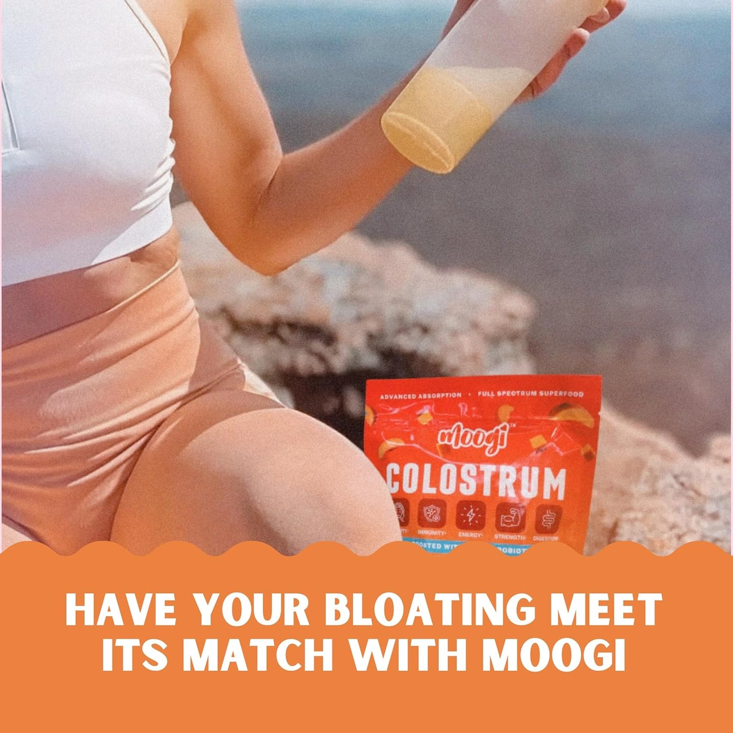 Moogi Colostrum Premium Powder: Skin, Hair, Nail, and Immune Support - 400+ Bioactive Nutrients - Gluten & Fat Free - Peach Mango Flavor - 30 Stick Packs