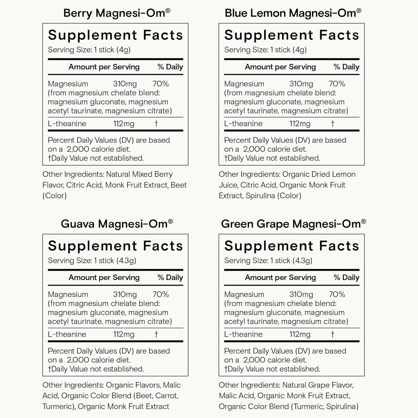 Moon Juice Magnesi-Om Variety Pack - Magnesium Citrate + L-Theanine for Calm + Regularity - Sugar Free - Guava, Green Grape, Blue Lemon, Berry - 24 Sticks