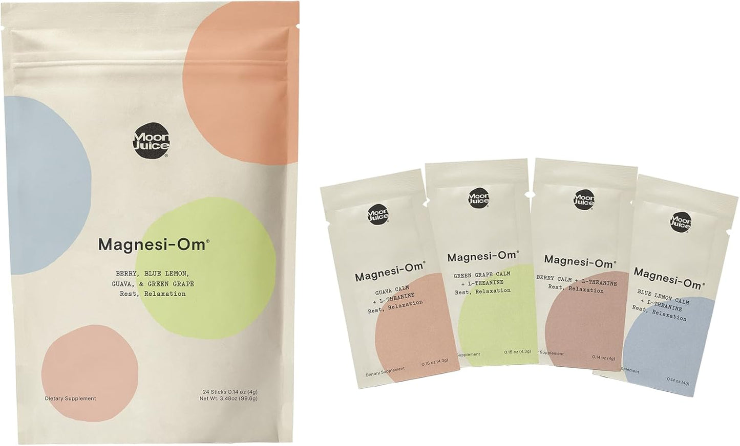 Moon Juice Magnesi-Om Variety Pack - Magnesium Citrate + L-Theanine for Calm + Regularity - Sugar Free - Guava, Green Grape, Blue Lemon, Berry - 24 Sticks