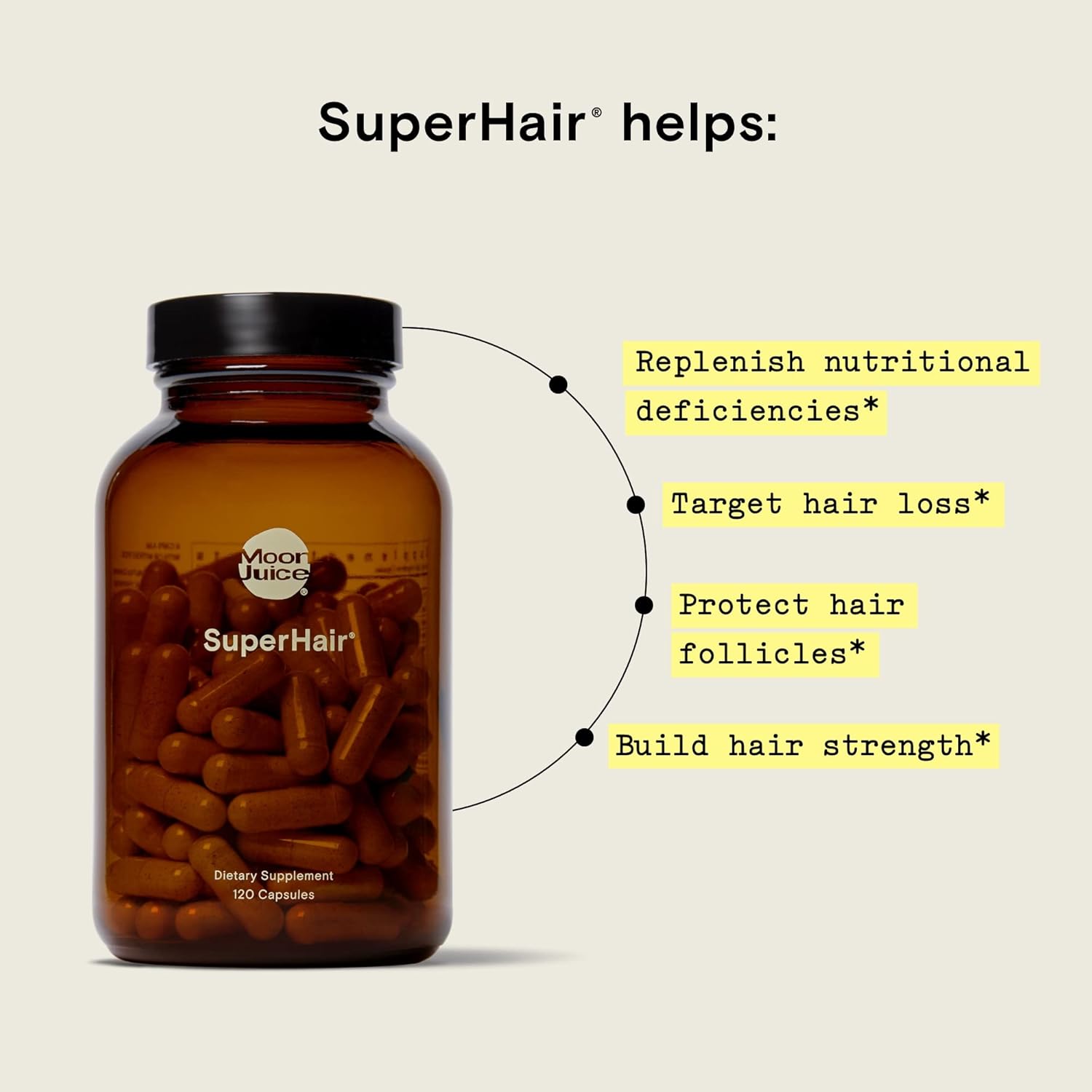 Moon Juice SuperHair 120 Capsules - Hair Growth Vitamins with Organic Ashwagandha - Vegan, Gluten Free, Non GMO - Glass Bottle - 3rd Party Tested