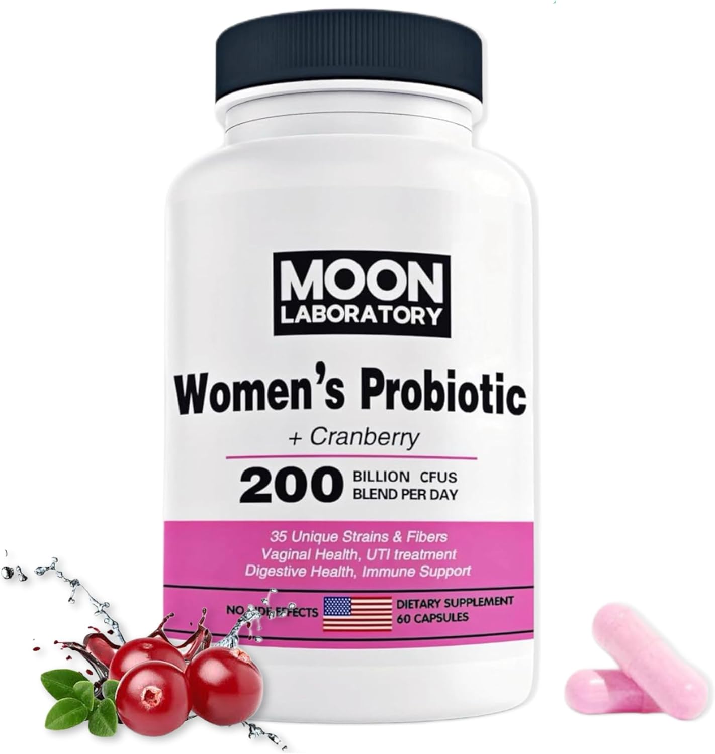 Moon Laboratory Women's Probiotic & Prebiotic with Cranberry & D-Mannose - 200 Billion CFUs, 35 Strains - PH Balance, Vaginal Health, UTI Treatment - 60 Capsules