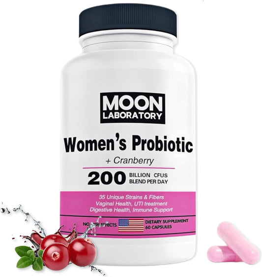 Moon Laboratory Women's Probiotic & Prebiotic with Cranberry & D-Mannose - 200 Billion CFUs, 35 Strains - PH Balance, Vaginal Health, UTI Treatment - 60 Capsules