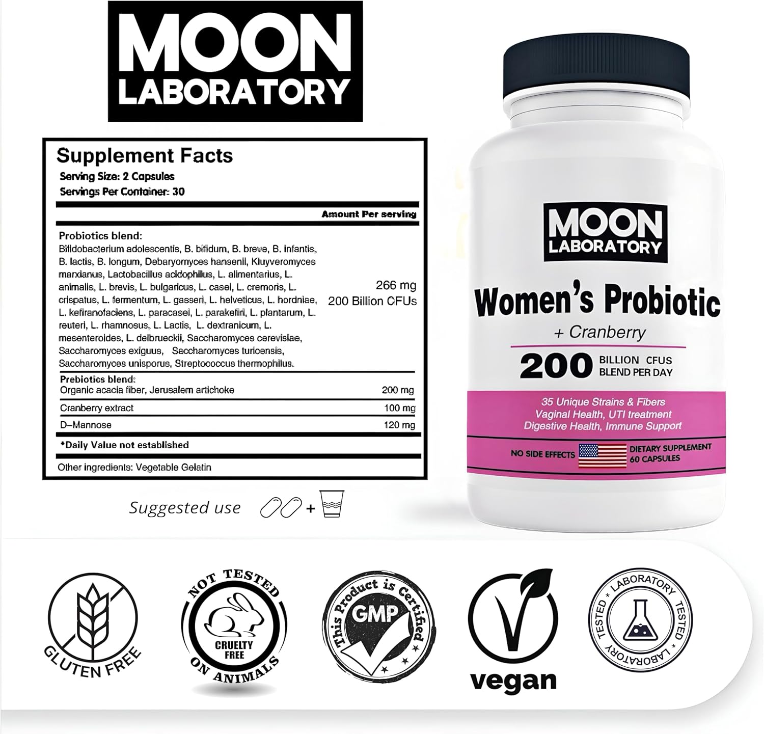 Moon Laboratory Women's Probiotic & Prebiotic with Cranberry & D-Mannose - 200 Billion CFUs, 35 Strains - PH Balance, Vaginal Health, UTI Treatment - 60 Capsules