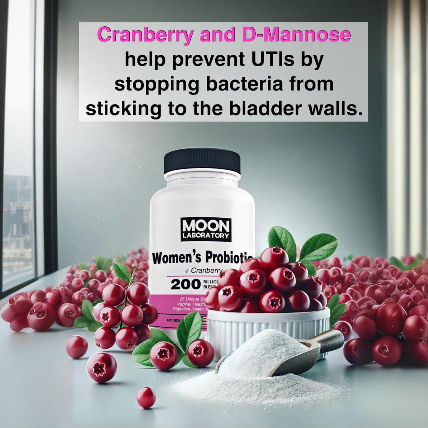 Moon Laboratory Women's Probiotic & Prebiotic with Cranberry & D-Mannose - 200 Billion CFUs, 35 Strains - PH Balance, Vaginal Health, UTI Treatment - 60 Capsules