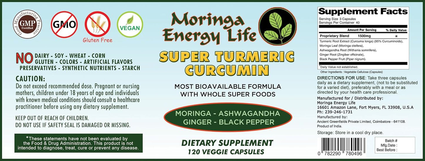 Moringa Energy Life Superfood Supplement Capsules with Turmeric, Ashwagandha, and Ginger - 120 Count, Gluten-Free & Vegan