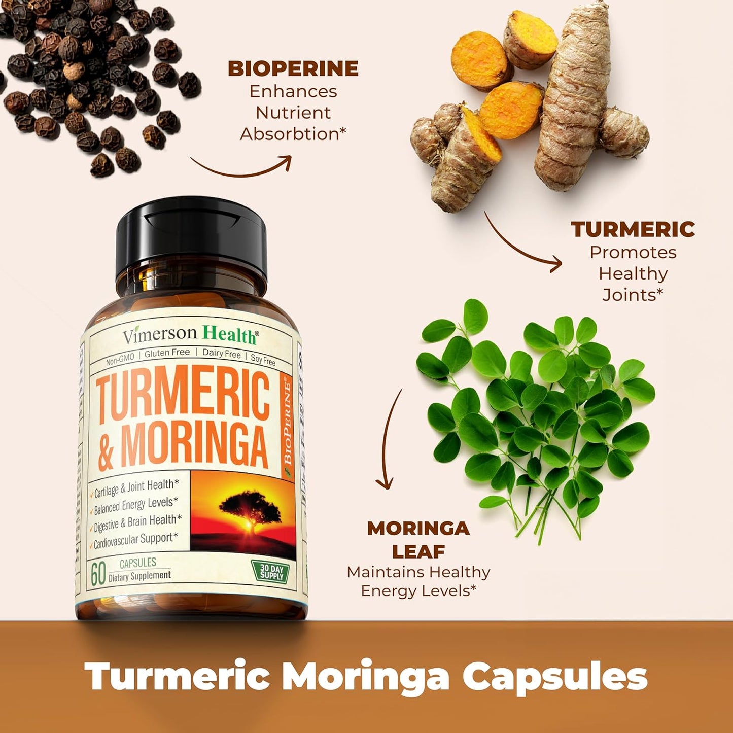 Moringa Oleifera & Turmeric Curcumin Joint Supplement with Black Pepper - Premium Capsules for Men & Women. Support Joint Health, Digestion & Energy - 60 Count