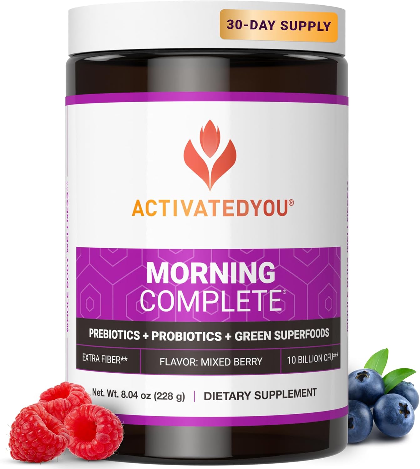 Morning Complete Superfood Drink Mix - Gut Health Support with Prebiotics, Probiotics, Antioxidants, Green Superfoods - Mixed Berry Flavor, 30 Servings