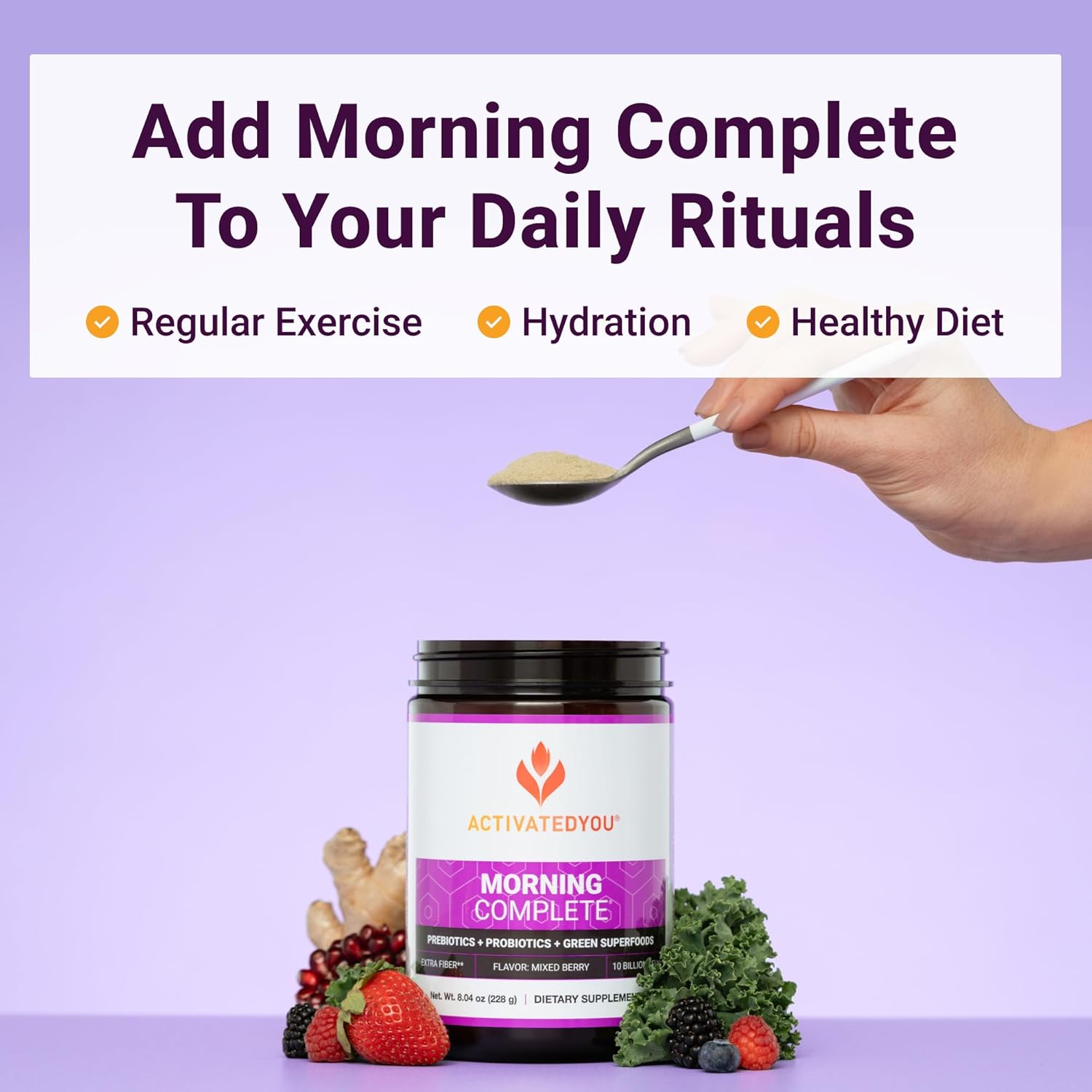 Morning Complete Superfood Drink Mix - Gut Health Support with Prebiotics, Probiotics, Antioxidants, Green Superfoods - Mixed Berry Flavor, 30 Servings