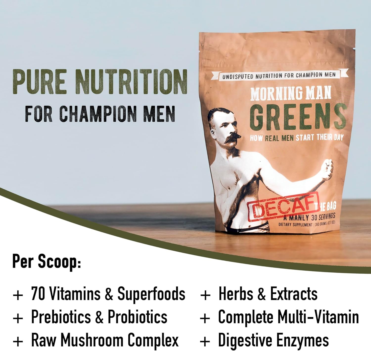 MORNING MAN Greens Powder Decaf - Probiotic Superfood Smoothie Mix with Digestive Enzymes - Gluten Free, Vegan, Non GMO - 30 Servings