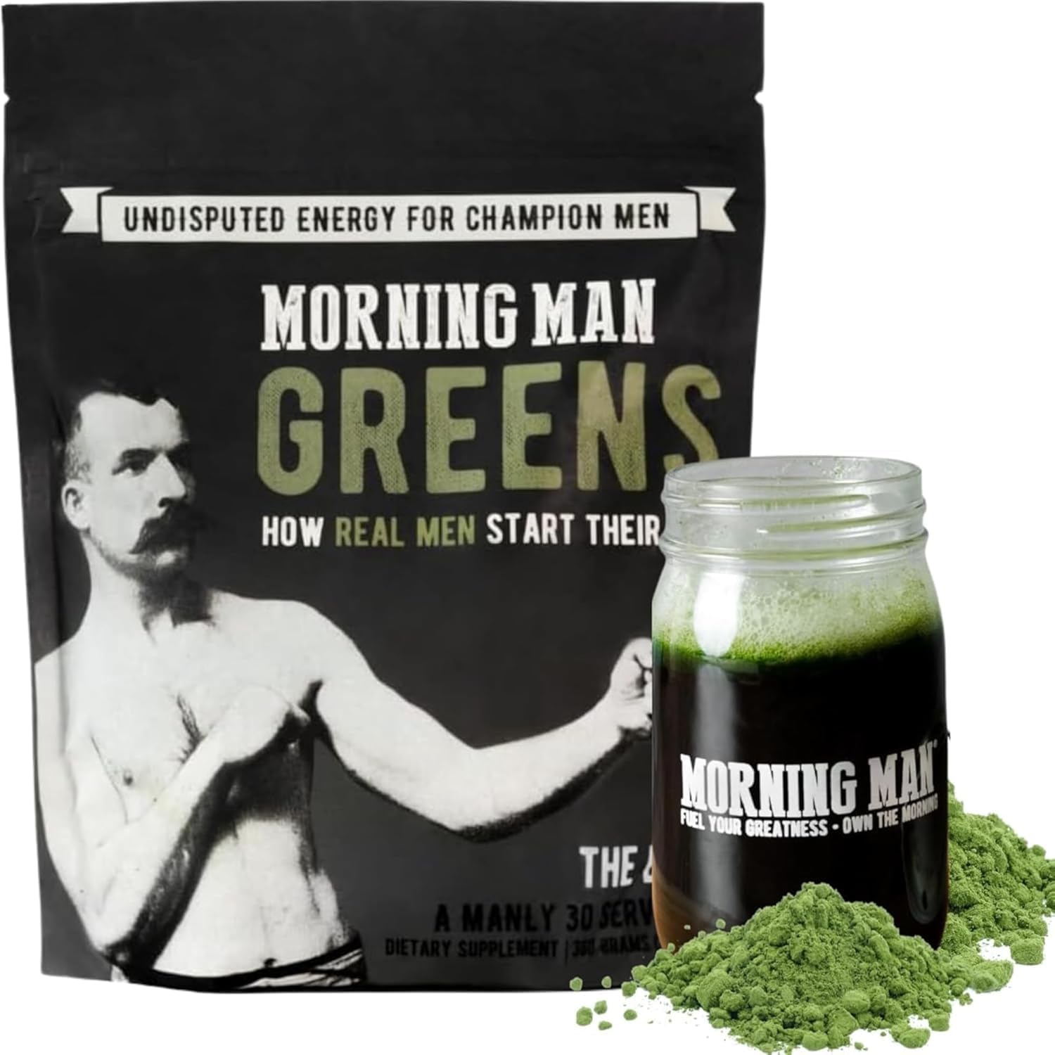 Morning Man Greens Probiotic Superfood Mix with Caffeine, Vitamins, Green Tea & Coffee Extracts, Digestive Enzymes - Gluten Free, Vegan Energy Booster