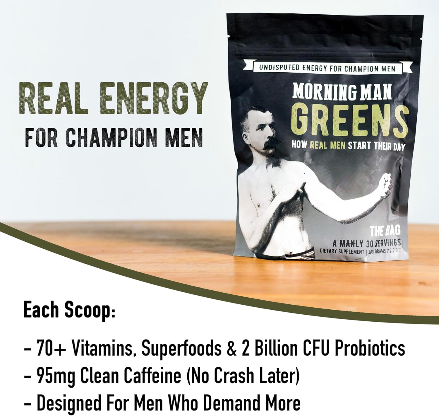 Morning Man Greens Probiotic Superfood Mix with Caffeine, Vitamins, Green Tea & Coffee Extracts, Digestive Enzymes - Gluten Free, Vegan Energy Booster