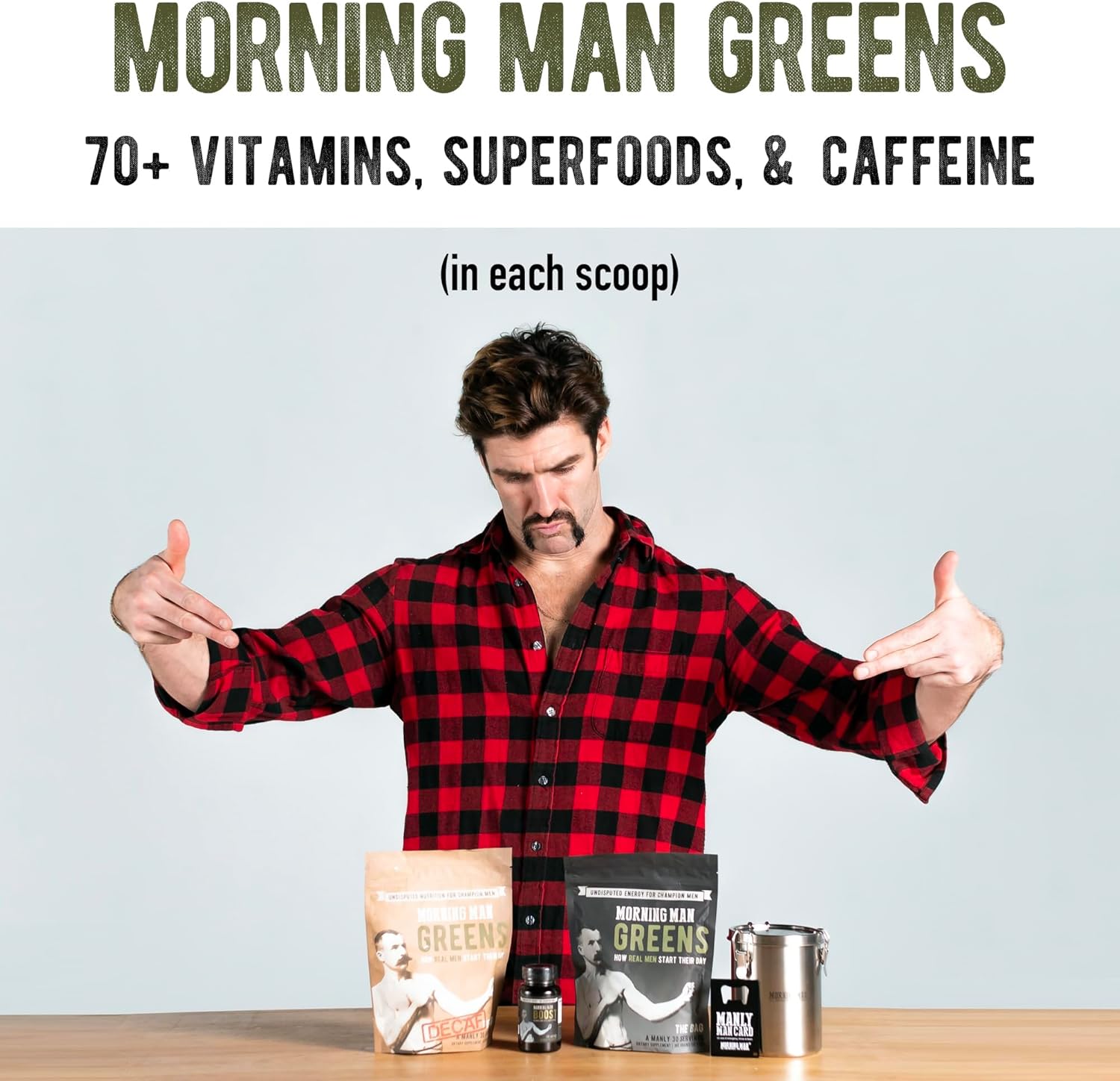 Morning Man Greens Probiotic Superfood Mix with Caffeine, Vitamins, Green Tea & Coffee Extracts, Digestive Enzymes - Gluten Free, Vegan Energy Booster