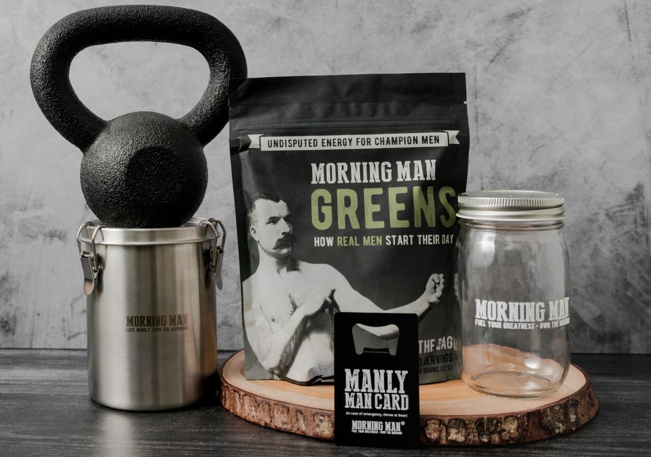 Morning Man Greens Probiotic Superfood Mix with Caffeine, Vitamins, Green Tea & Coffee Extracts, Digestive Enzymes - Gluten Free, Vegan Energy Booster