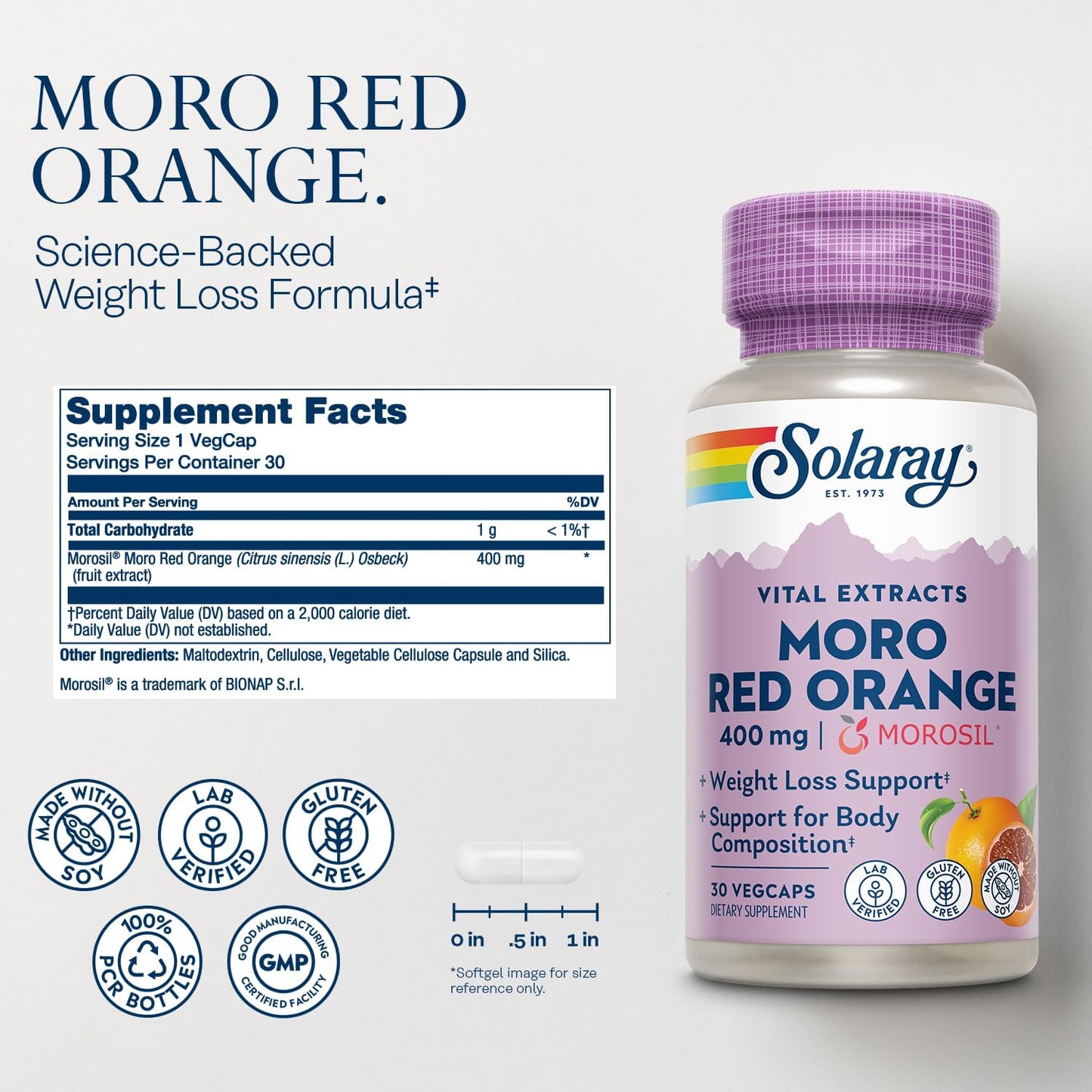 Moro Red Orange Weight Loss Supplement - Clinically Studied Blood Orange Extract - Body Composition Support - 30 VegCaps, Gluten Free