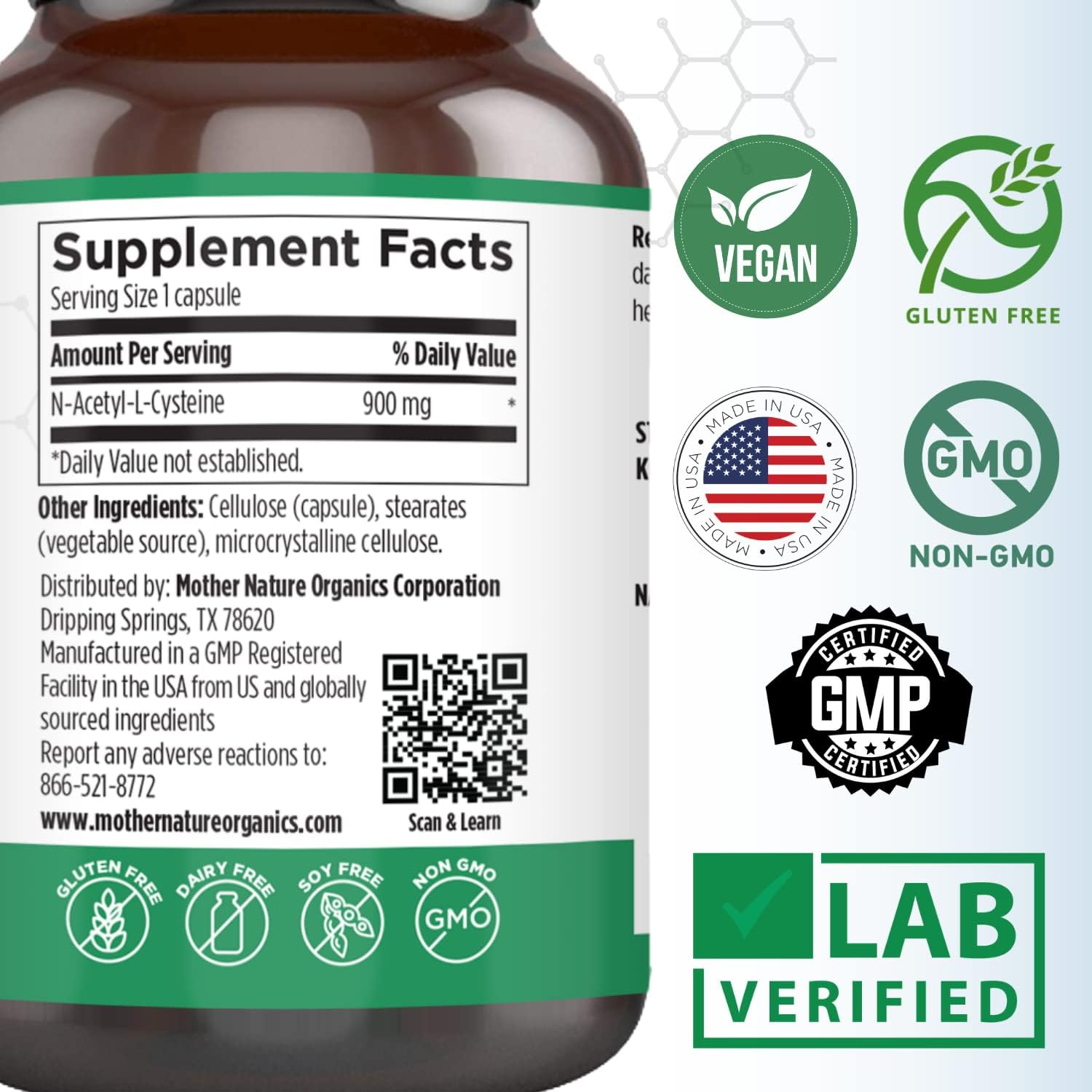 Mother Nature Organics N-Acetyl-L-Cysteine (NAC) 900mg Capsules - Powerful Antioxidant for Liver & Immune Support, Respiratory & Heart Health - 120 Count