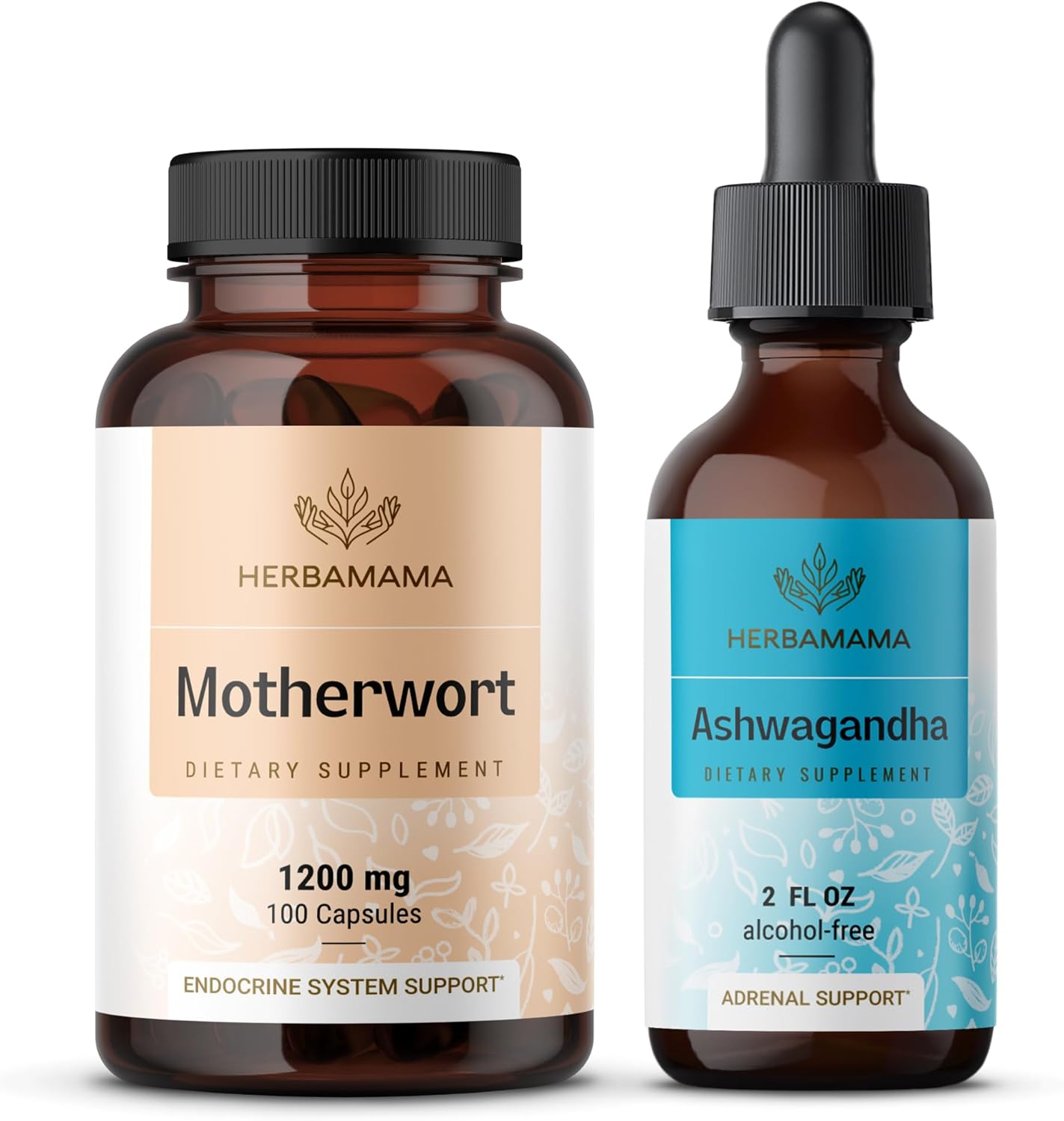 Motherwort and Ashwagandha Bundle - 1200mg Capsules & Liquid Drops - Vegan, Non-GMO, Sugar & Alcohol-Free - 2 Pack