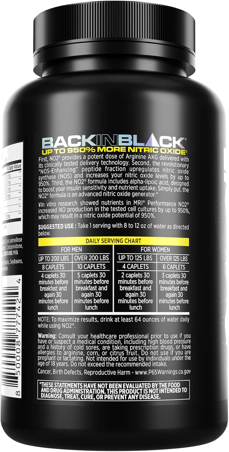 MRI Performance NO2 Nitric Oxide Original Formula for All-Day Pump and Strength - Stim-Free Pre-Workout with L-Arginine Alpha Ketoglutarate for Lean Muscle Mass & Vascularity