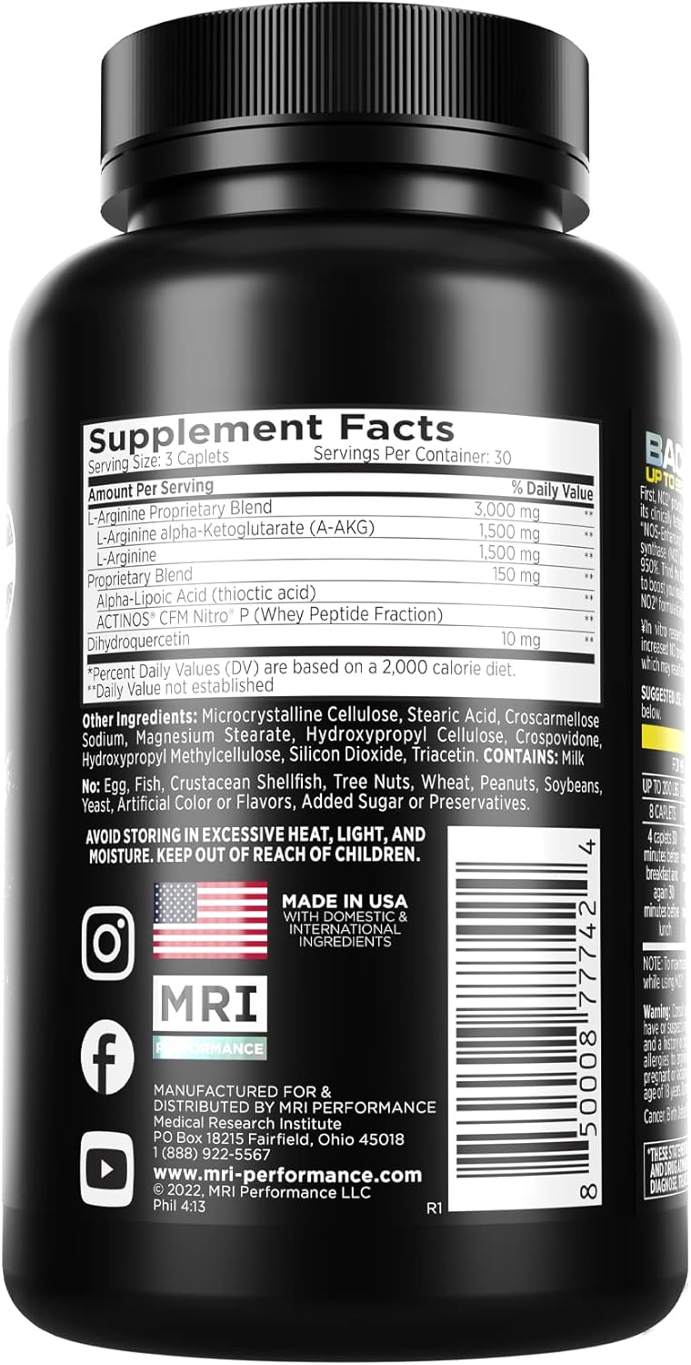 MRI Performance NO2 Nitric Oxide Original Formula for All-Day Pump and Strength - Stim-Free Pre-Workout with L-Arginine Alpha Ketoglutarate for Lean Muscle Mass & Vascularity