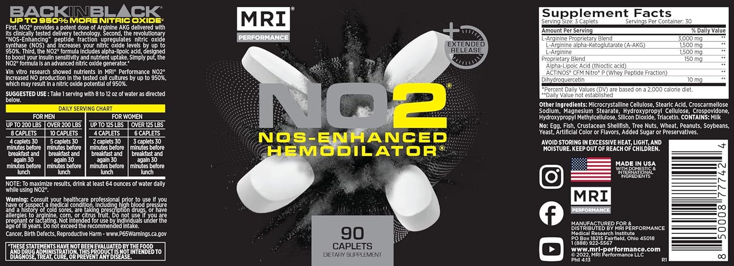 MRI Performance NO2 Nitric Oxide Original Formula for All-Day Pump and Strength - Stim-Free Pre-Workout with L-Arginine Alpha Ketoglutarate for Lean Muscle Mass & Vascularity