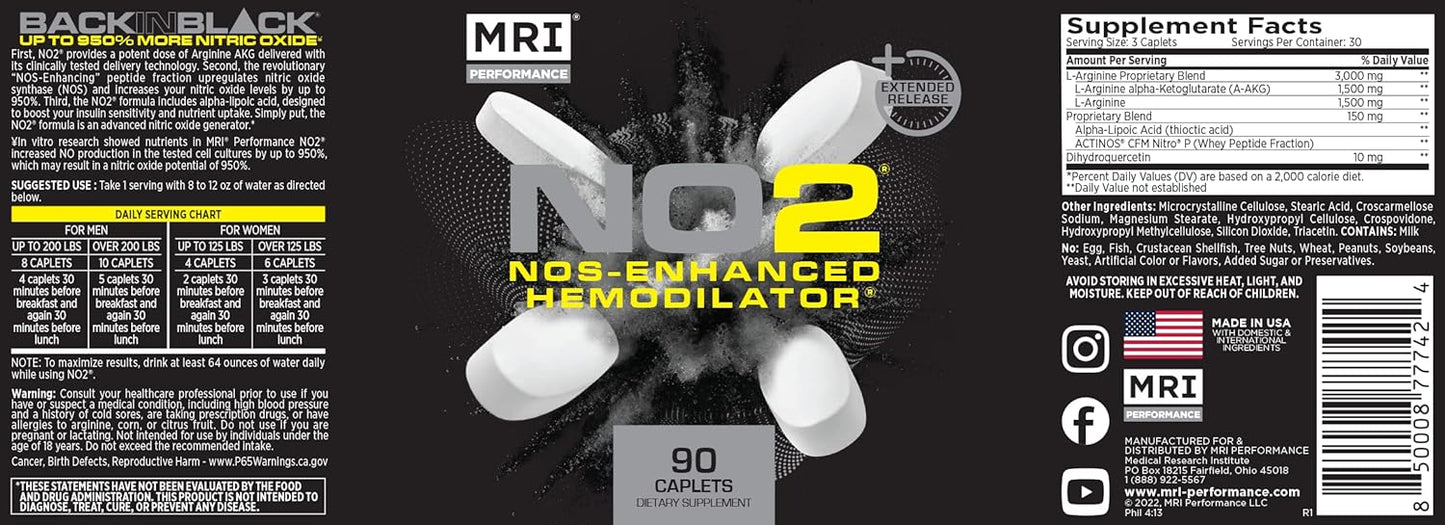 MRI Performance NO2 Nitric Oxide Original Formula for All-Day Pump and Strength - Stim-Free Pre-Workout with L-Arginine Alpha Ketoglutarate for Lean Muscle Mass & Vascularity