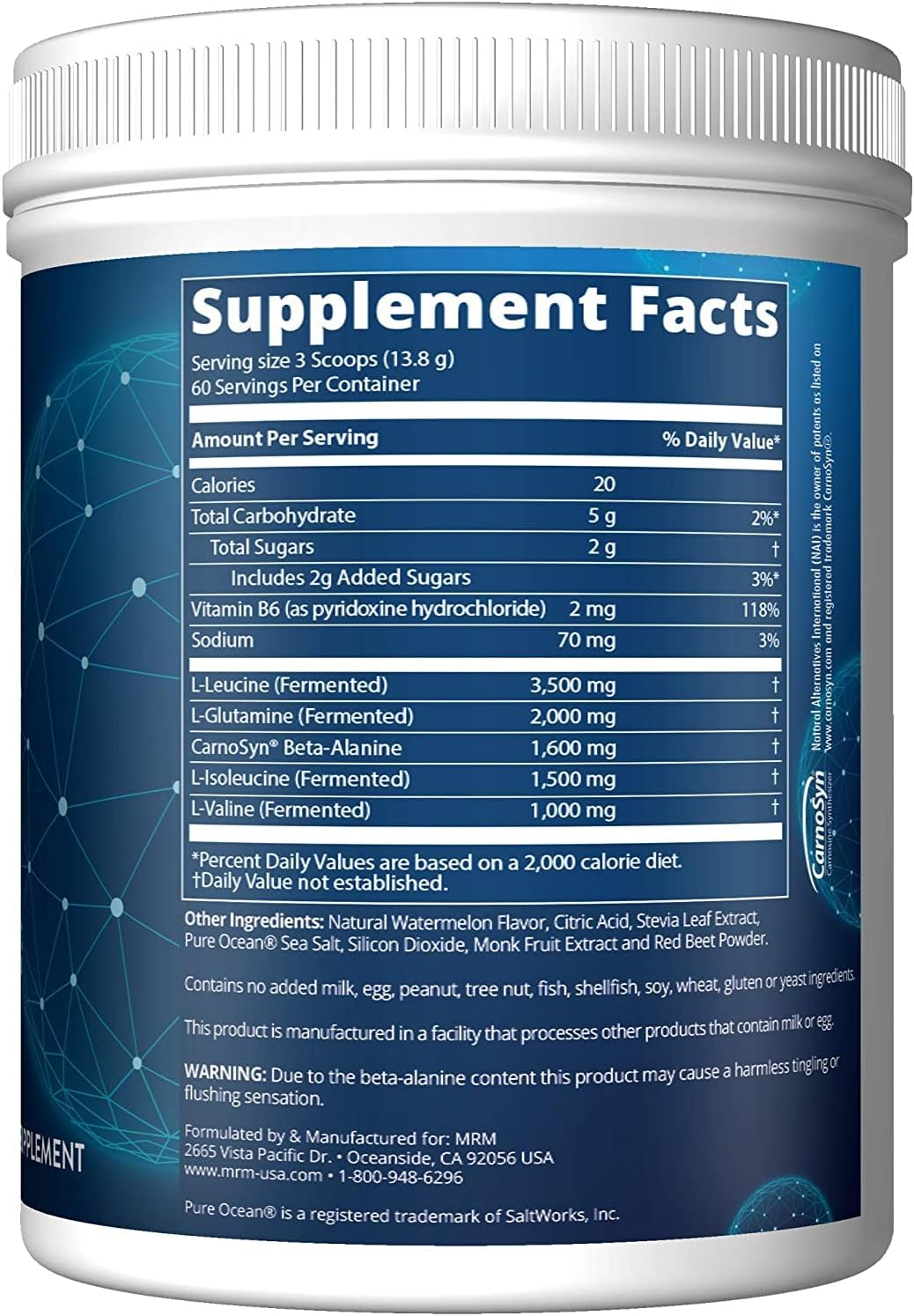 MRM Nutrition Reload BCAA+G Post-Workout Recovery Watermelon Flavor 9.6g Amino Acids CarnoSyn Muscle Recovery Keto Friendly 840g