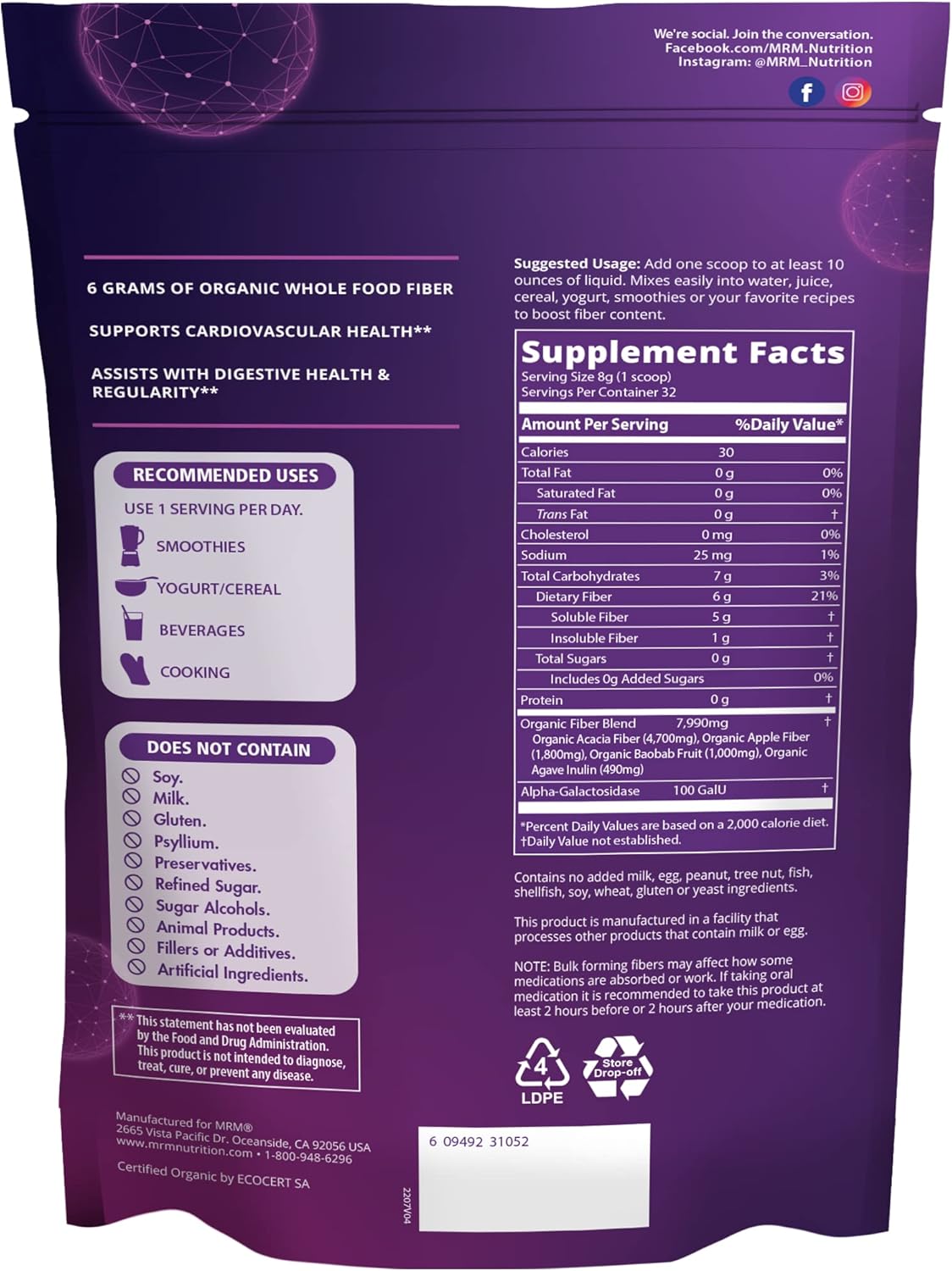 MRM Nutrition Whole Food Organic Fiber Supplement with Enzymes and Prebiotics for Digestive Health and Regularity - 6g Fiber per Serving - 32 Servings